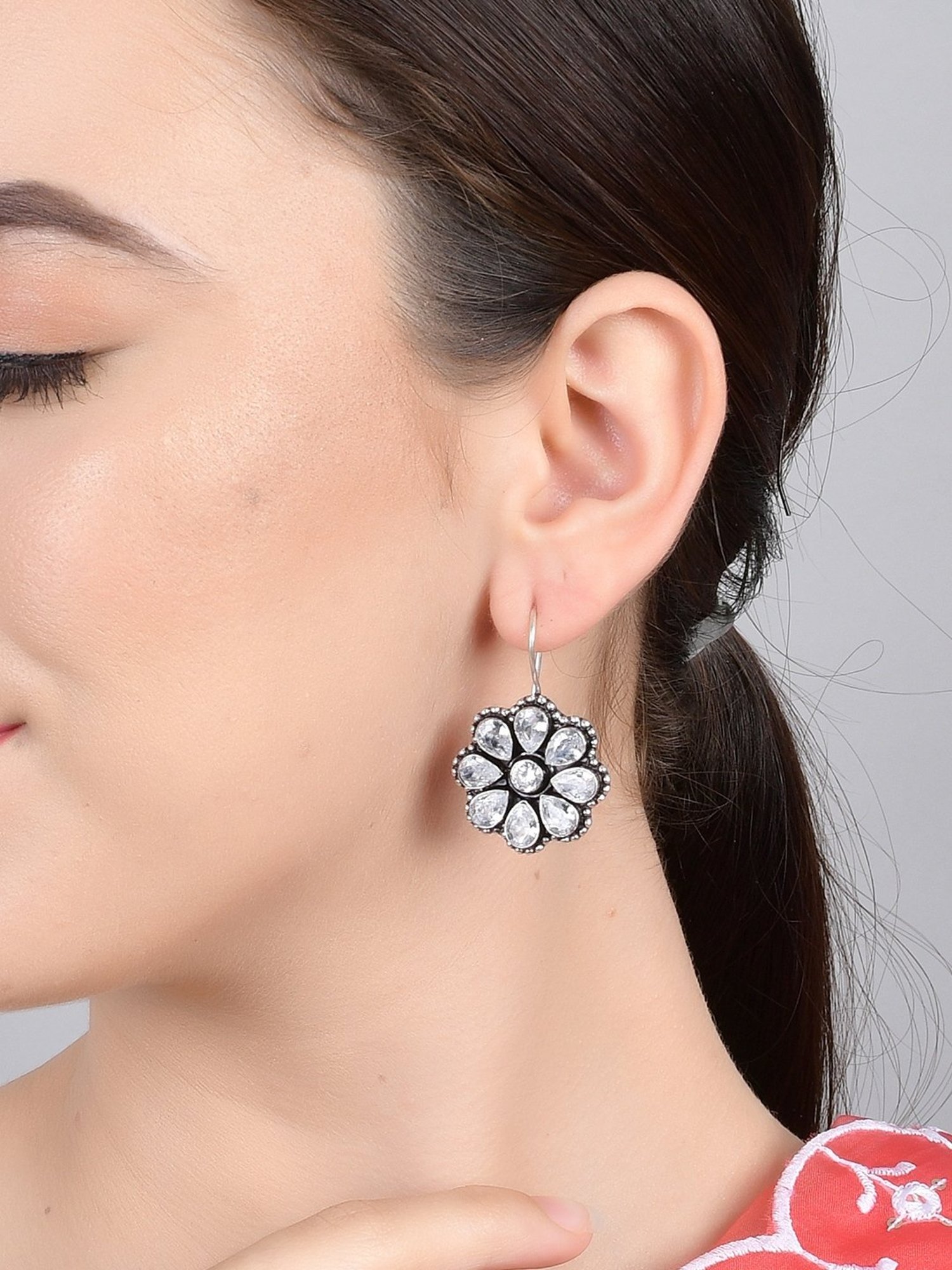 Imli Street Silver Tone Stone-Studded Handcrafted Drop Earrings