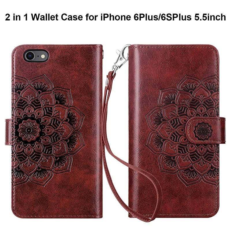 2in1 Case for iPhone 6S Plus Case iPhone 6 Plus Wallet Card Holder Detachable Flip Cover Magnetic Folio PU Leather Protective Slim Shell Wrist Strap for iPhone 6 Plus 6S Plus Mandala Red