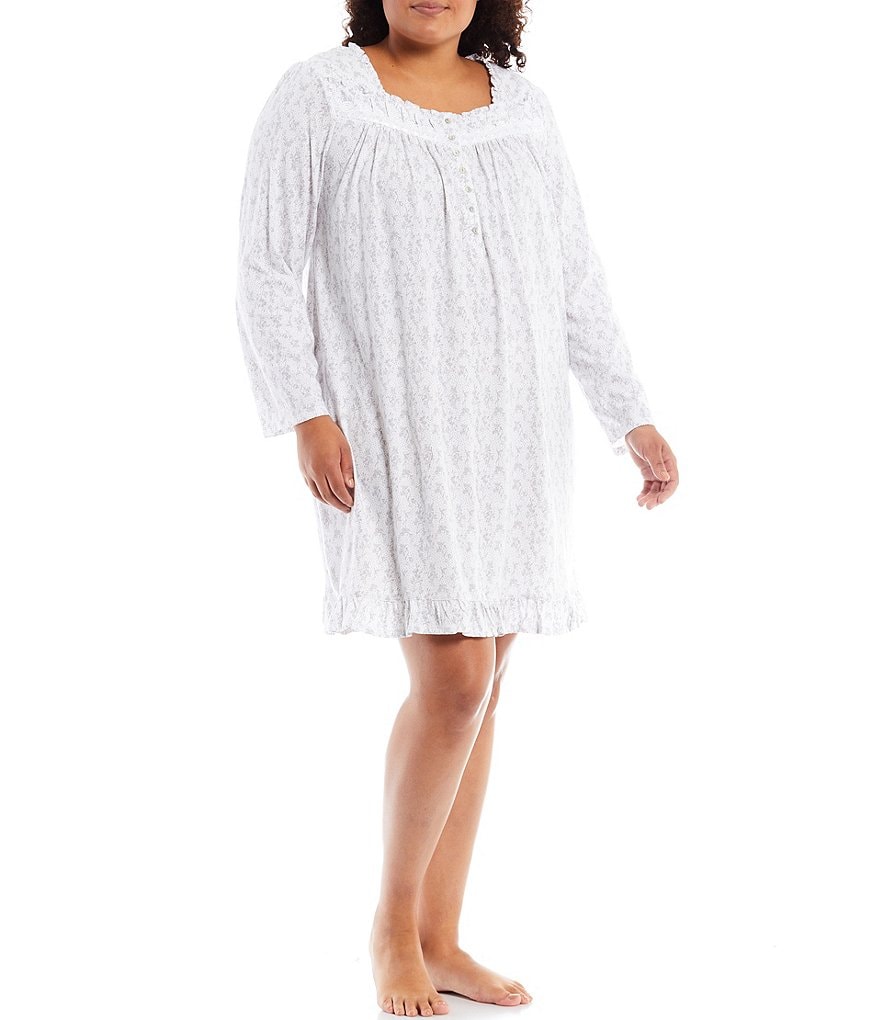 Eileen West Ditsy Floral Print Jersey Knit Square Neck Long Sleeve Short Nightgown
