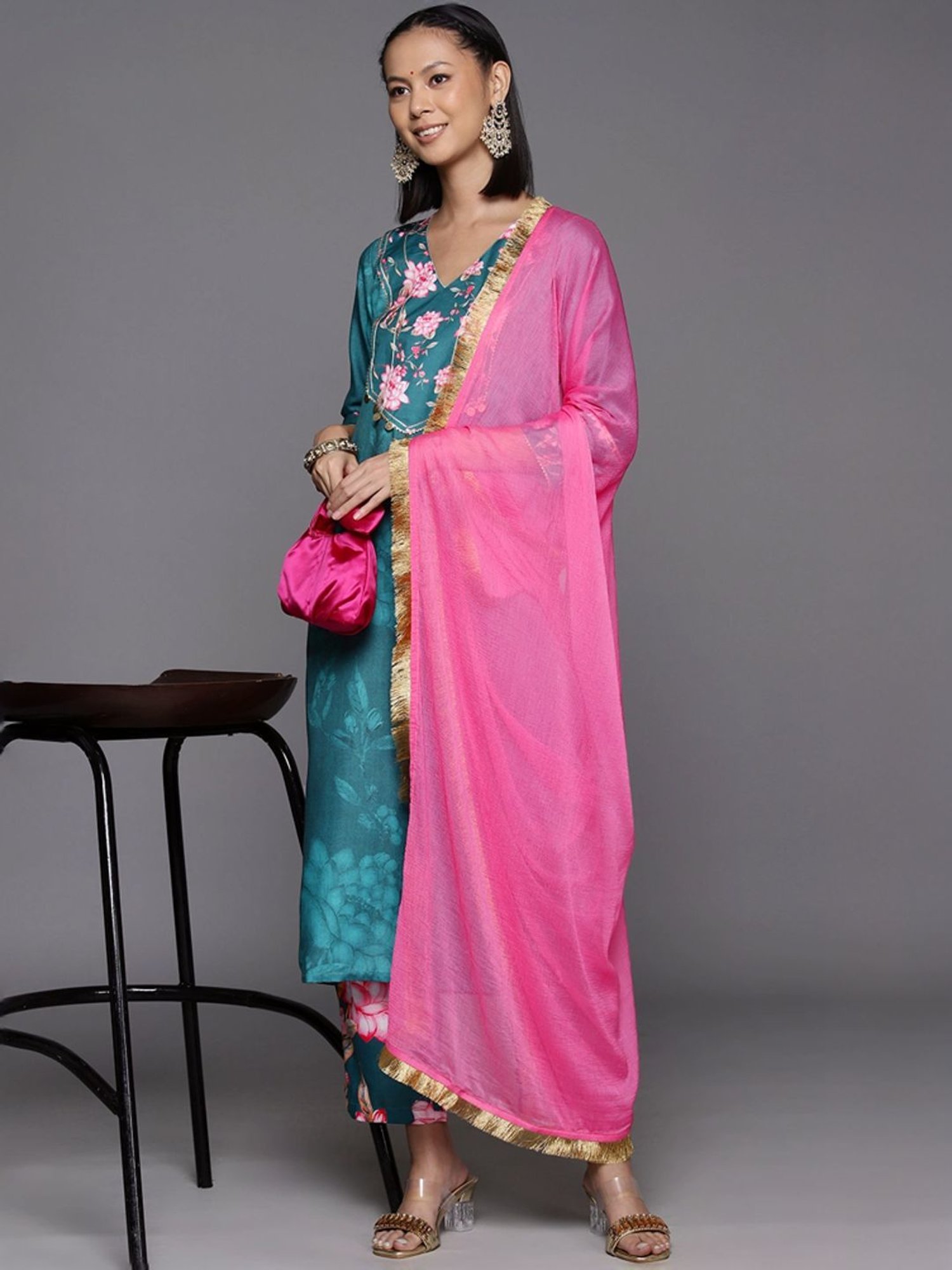 Varanga Teal Blue Floral Print Kurta Pant Set With Dupatta