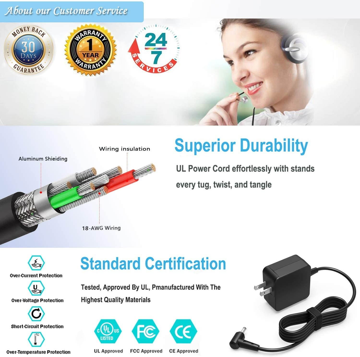 UL Listed AC Charger Fit for ASUS C200 C200M C200MA C200MA-DS01 C200MA-DS02 C200MA-EDU C200MA-EDU2 Chromebook 11.6 Inch Laptop 7.5Ft Power Supply Adapter Cord
