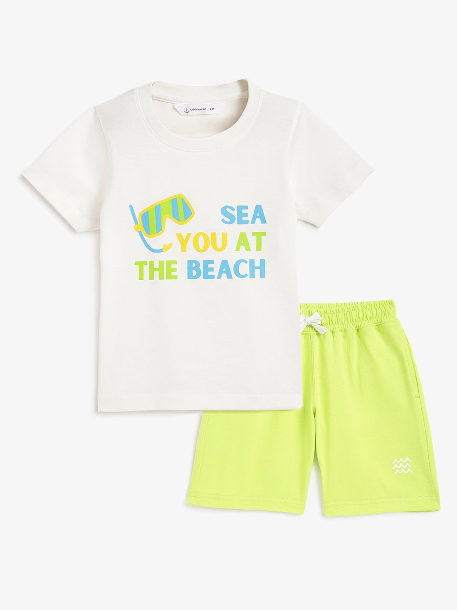 Campana Kids White & Lime Green Printed T-Shirt with Shorts