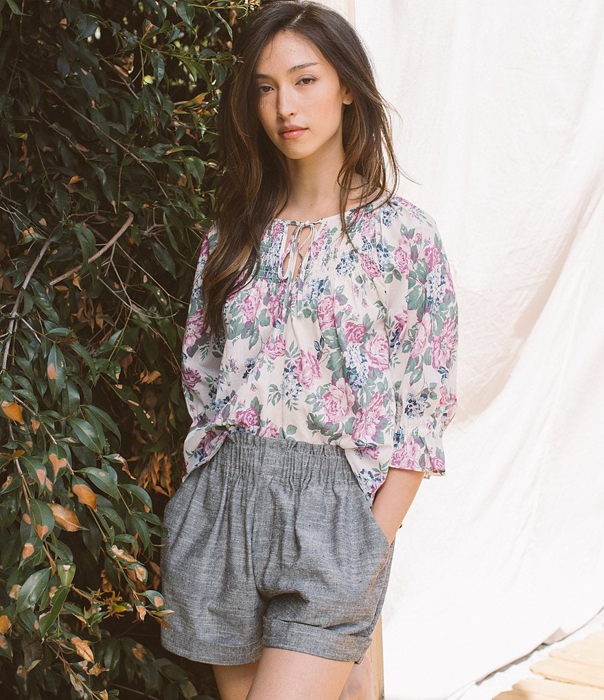 Shabby Chic Primrose Tie Detail Notch Neck 3/4 Sleeves Peasant Top