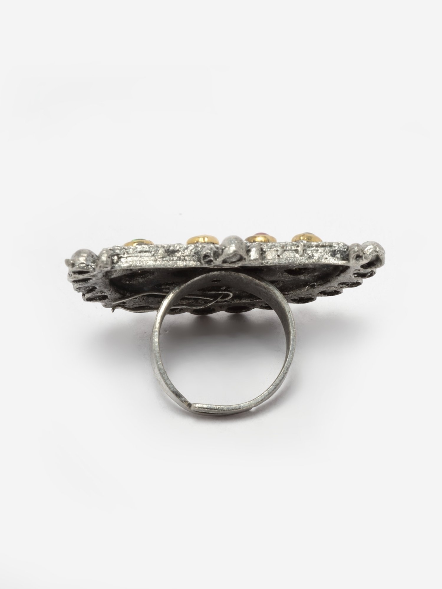 Moedbuille Handcrafted Crystals Studded Antique Tribal Design Oxidised Silver Plated Finger Ring
