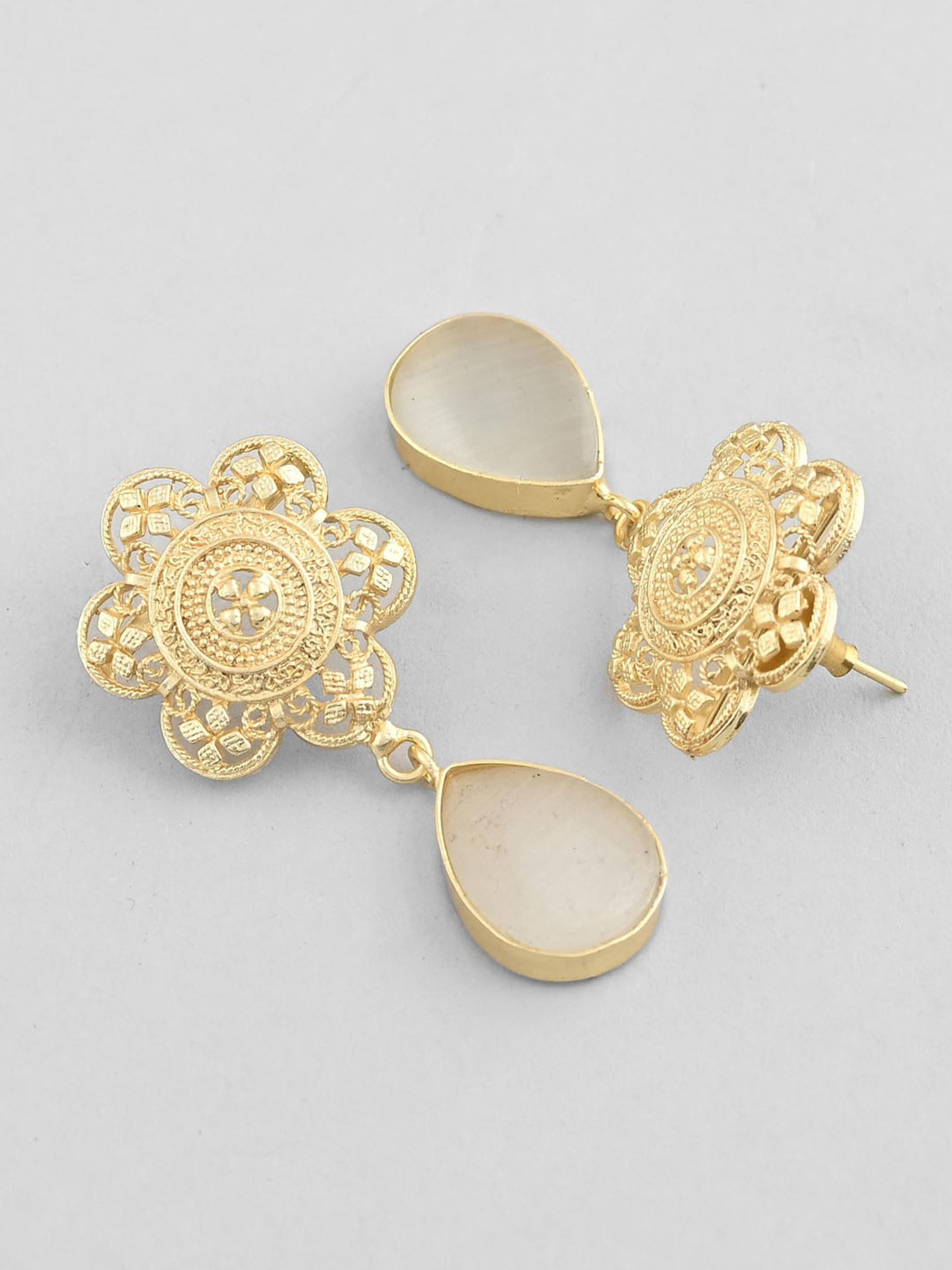 VOJ Gold Plated Flower Shaped Stone Studded Drop Earrings for Women