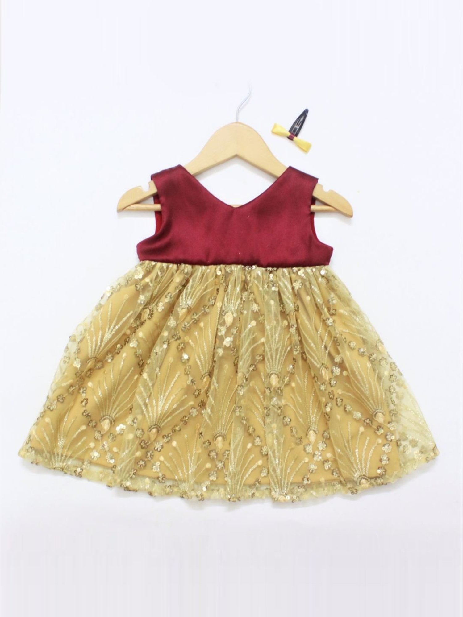 Many Frocks Kids Maroon & Cream Embellished Dress