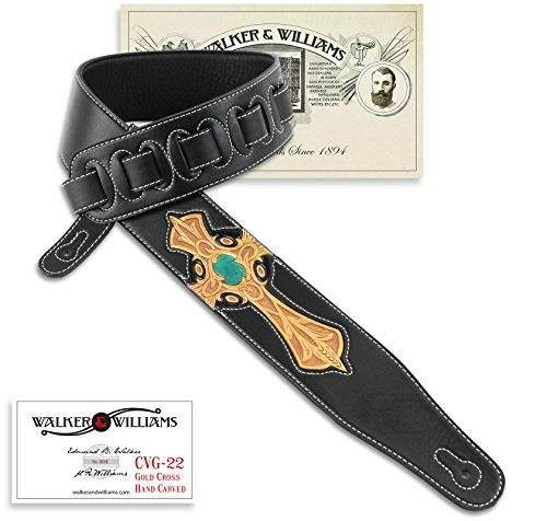 walker & williams cvg22 padded leather guitar strap with hand tooled christian cross