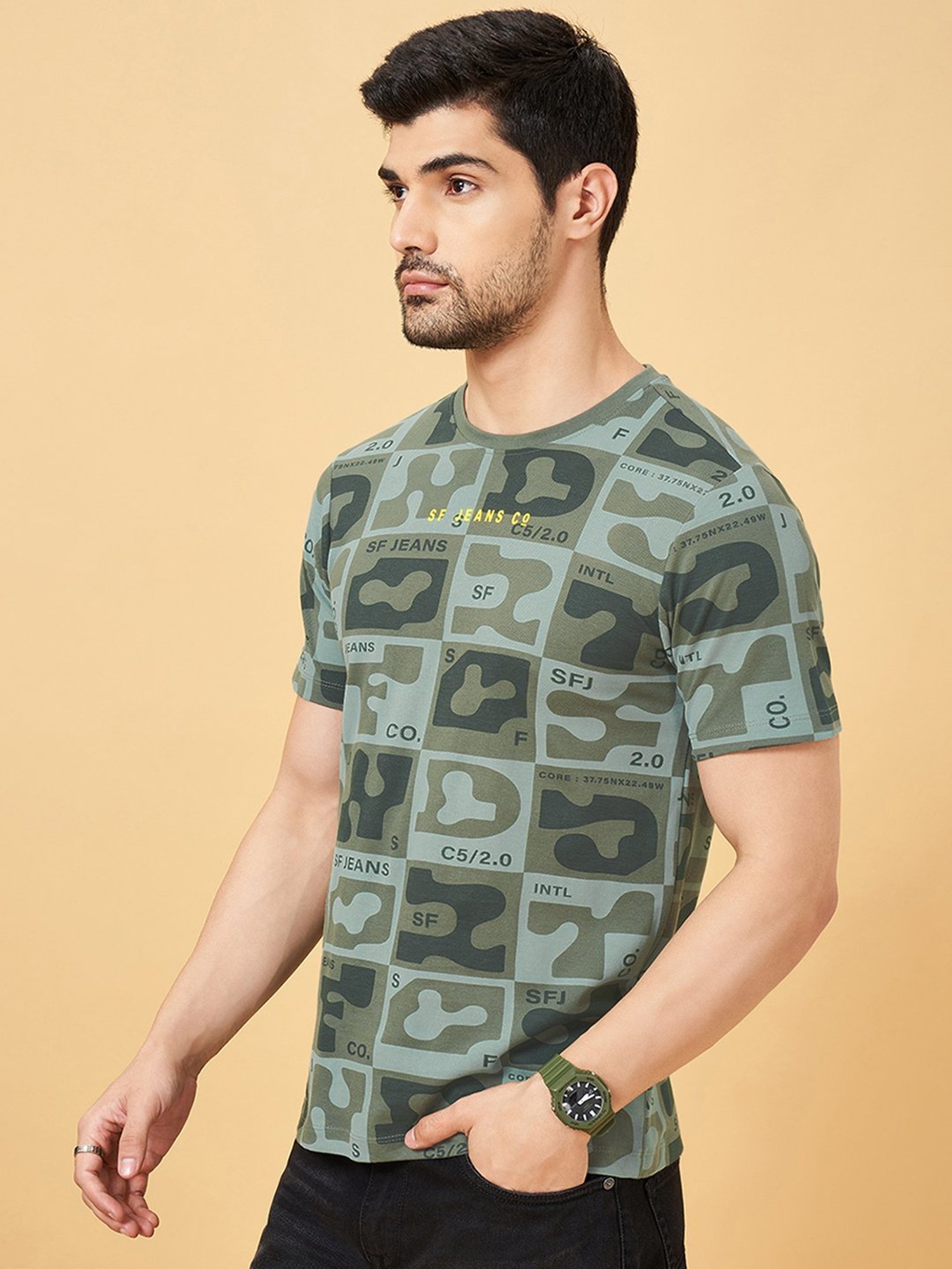 Sf Jeans By Pantaloons Green Slim Fit Printed T-Shirt
