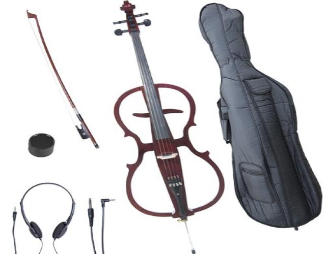 Cecilio CECO-1BK Full Size 4/4 Ebony Electric Silent Metallic Black Cello in Style 1 +Soft Case, Bow & Accessories