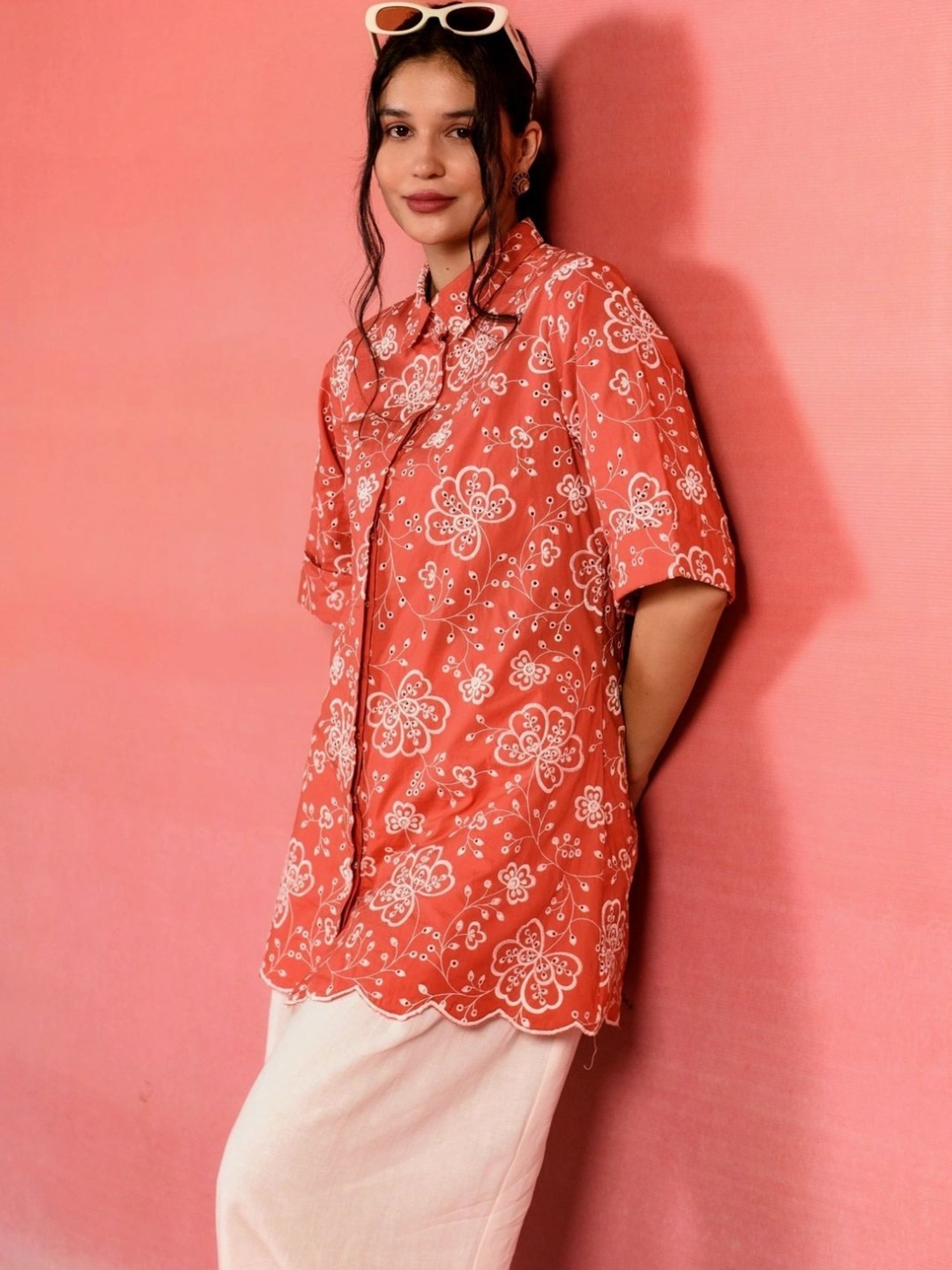 Kameez by Pooja Scarlet Red Floral Embroidered Poplin Shirt