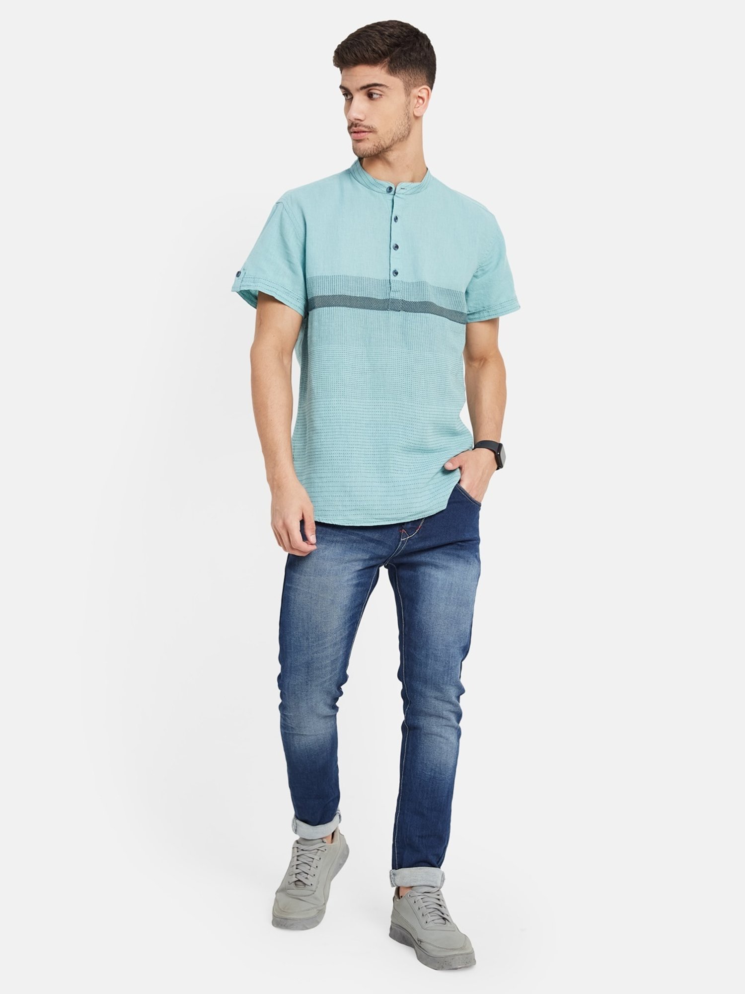 METTLE Light Teal Cotton Regular Fit Striped Shirt