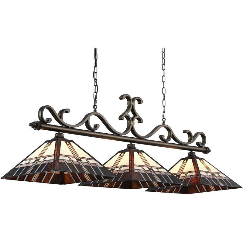 Robert Louis Tiffany Bronze Linear Island Pendant Chandelier 56" Wide Tiffany Style Alfred Art Glass 3-Light Fixture for Kitchen