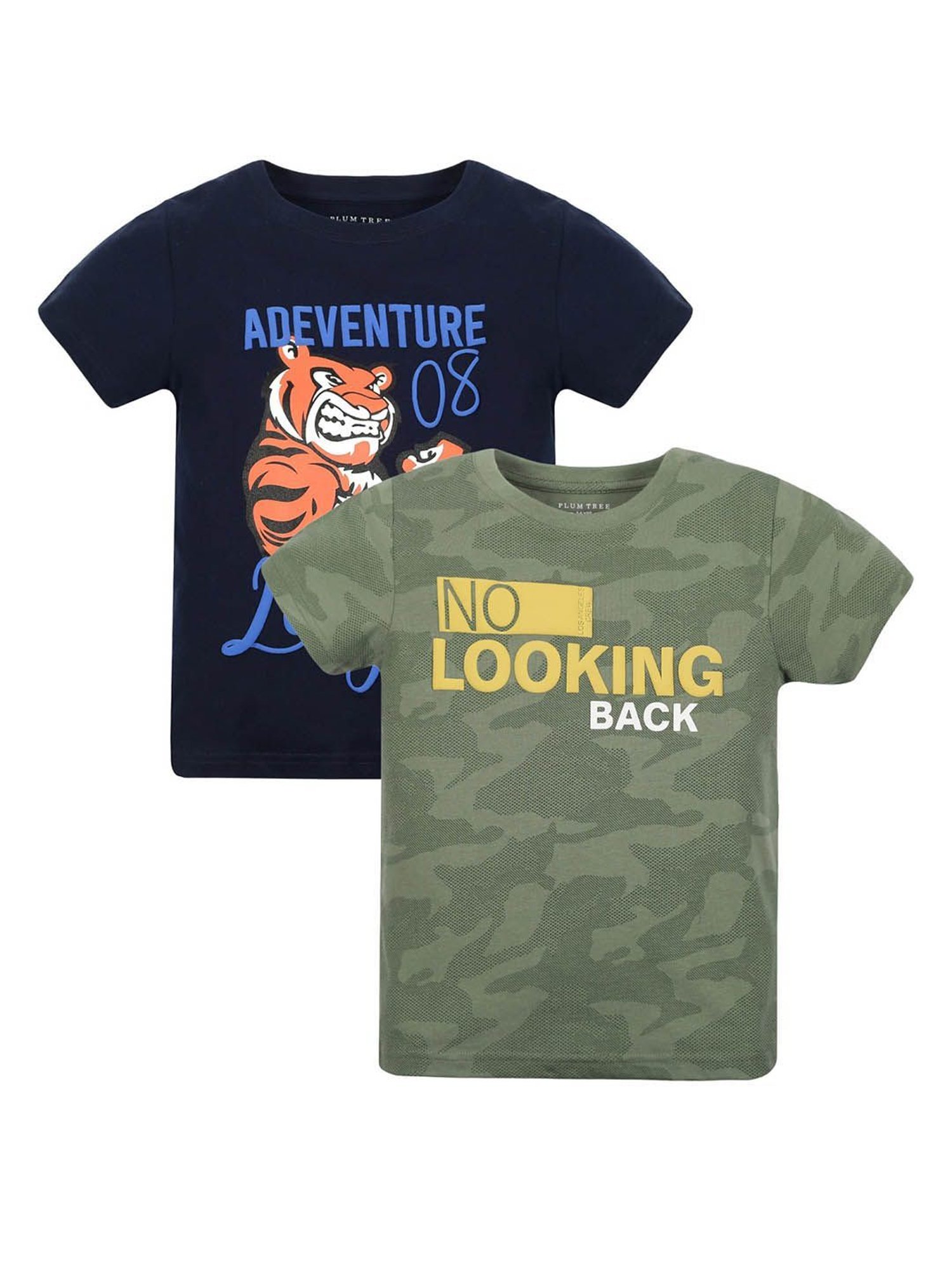 Plum Tree Kids Navy & Sage Green Printed T-Shirt (Pack Of 2)
