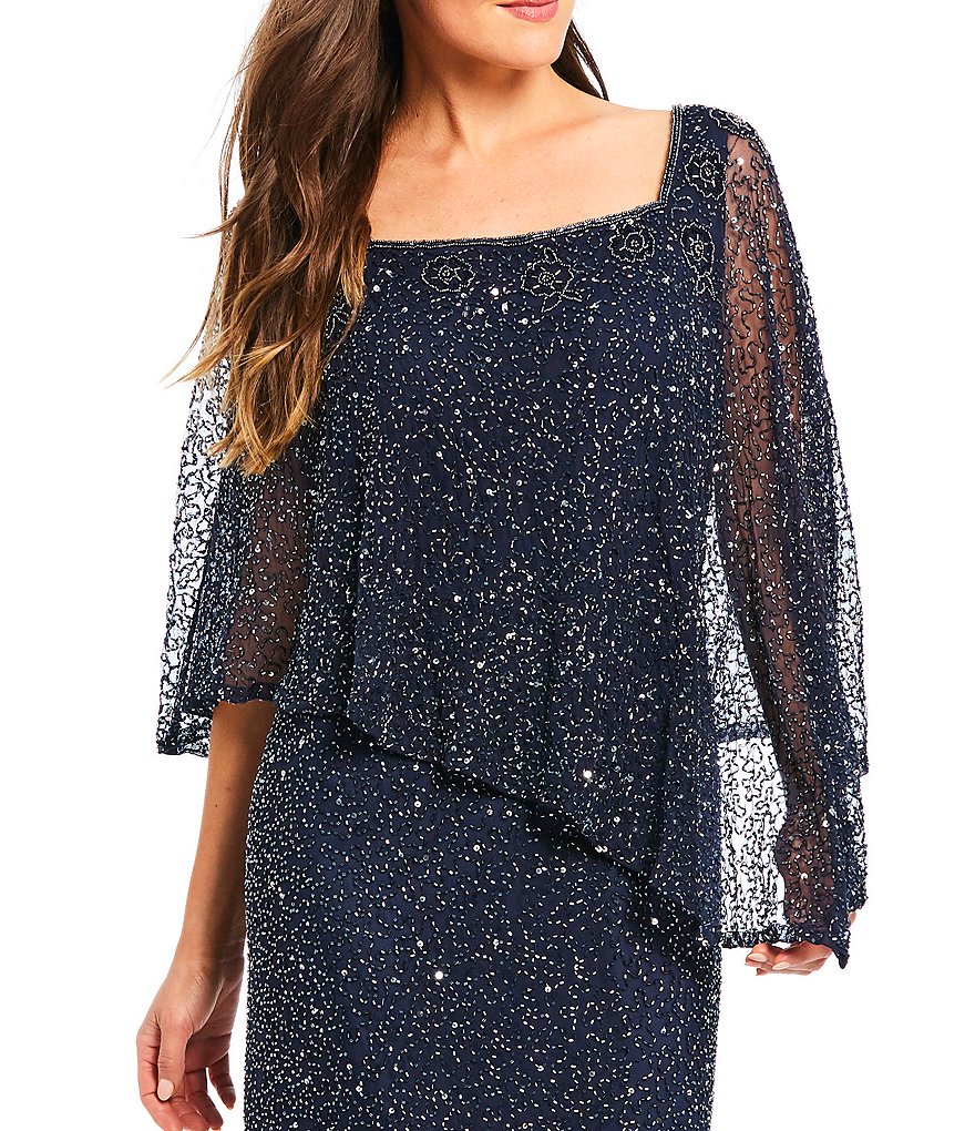 Pisarro Nights Square Neck 3/4 Sleeve Popover Sequin Dress