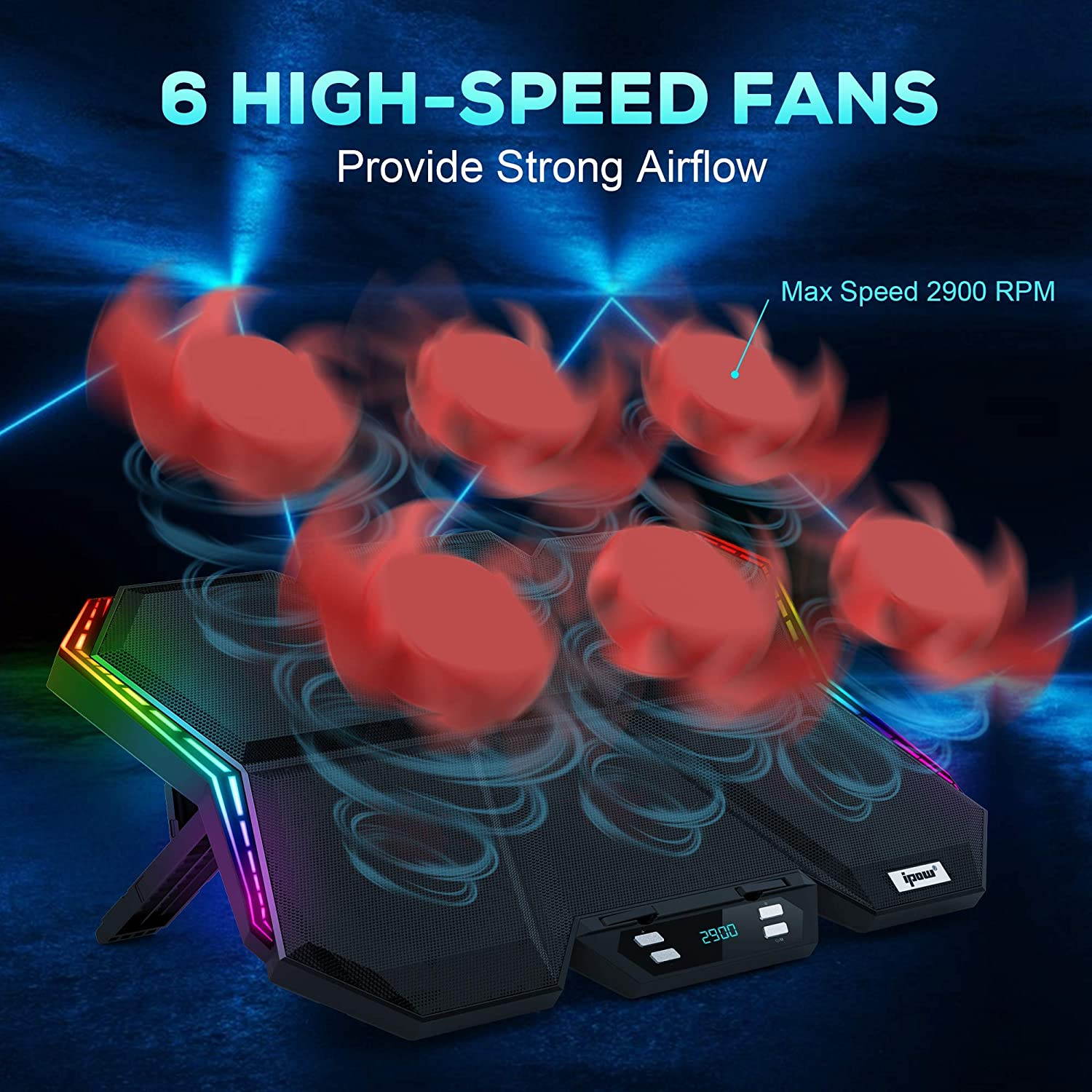 RGB Laptop Cooling Pad Gaming Laptop Cooler with 6 High-Speed Adjustable Fans, 7 Heights Stand, LED Screen, 2 USB Ports, Compatible up to 17'' Laptop & PS4