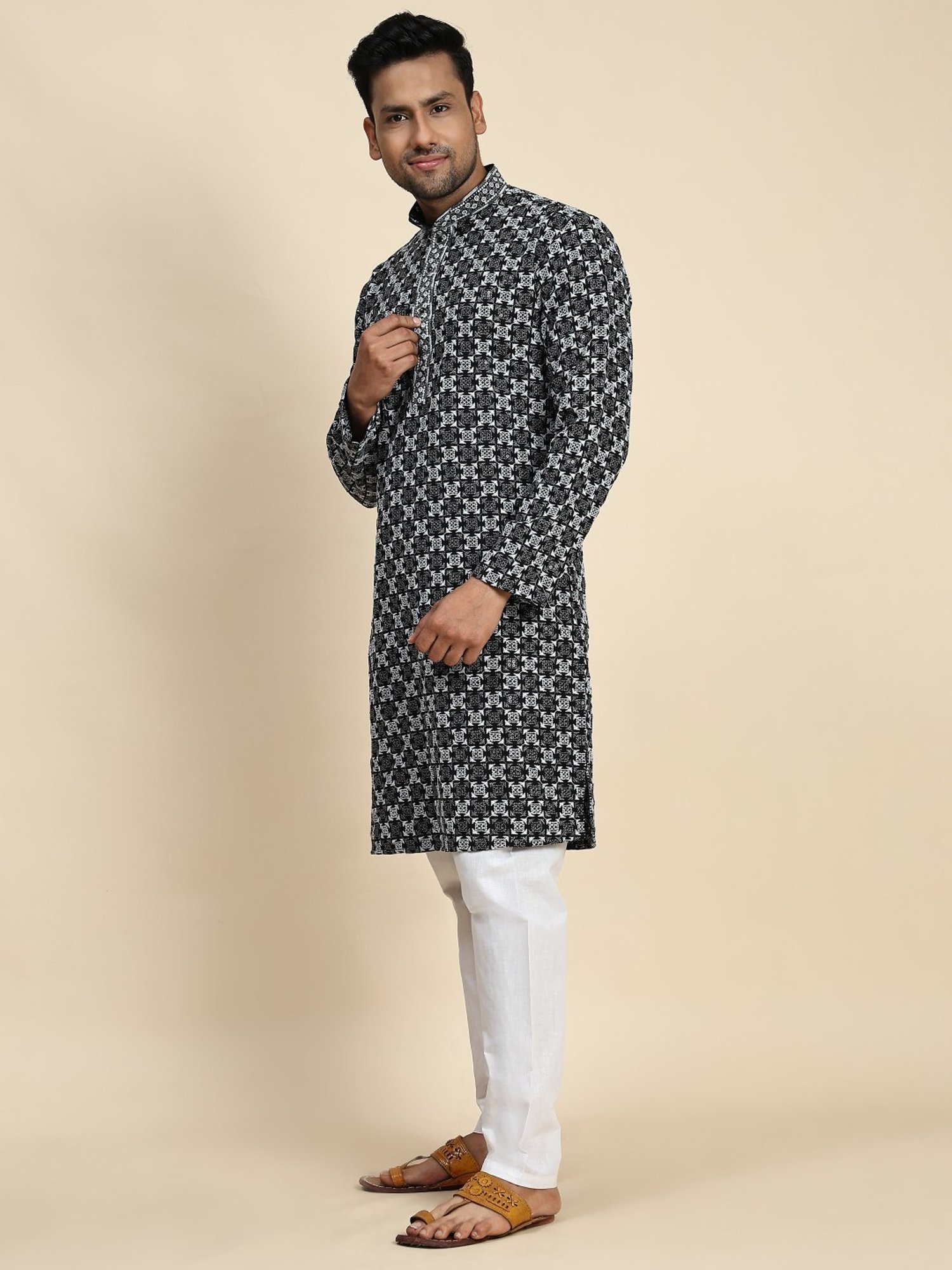 Pro-Ethic Style Developer Black & White Cotton Regular Fit Embellished Kurta Bottom Set