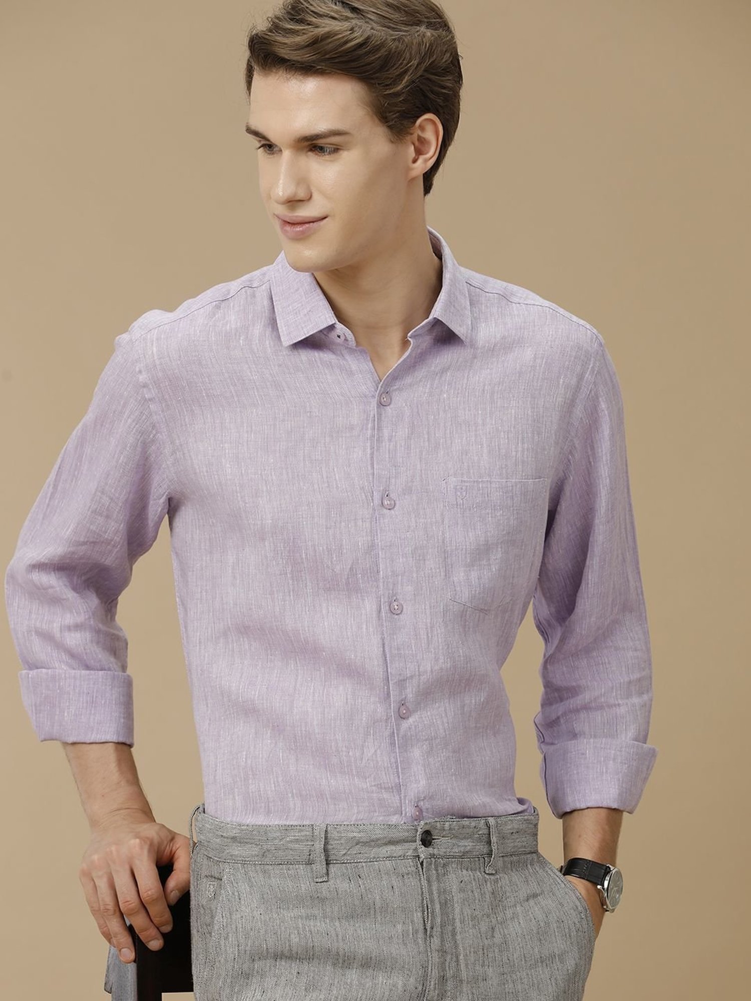 Linen Club Purple Linen Contemporary Fit Texture Shirt