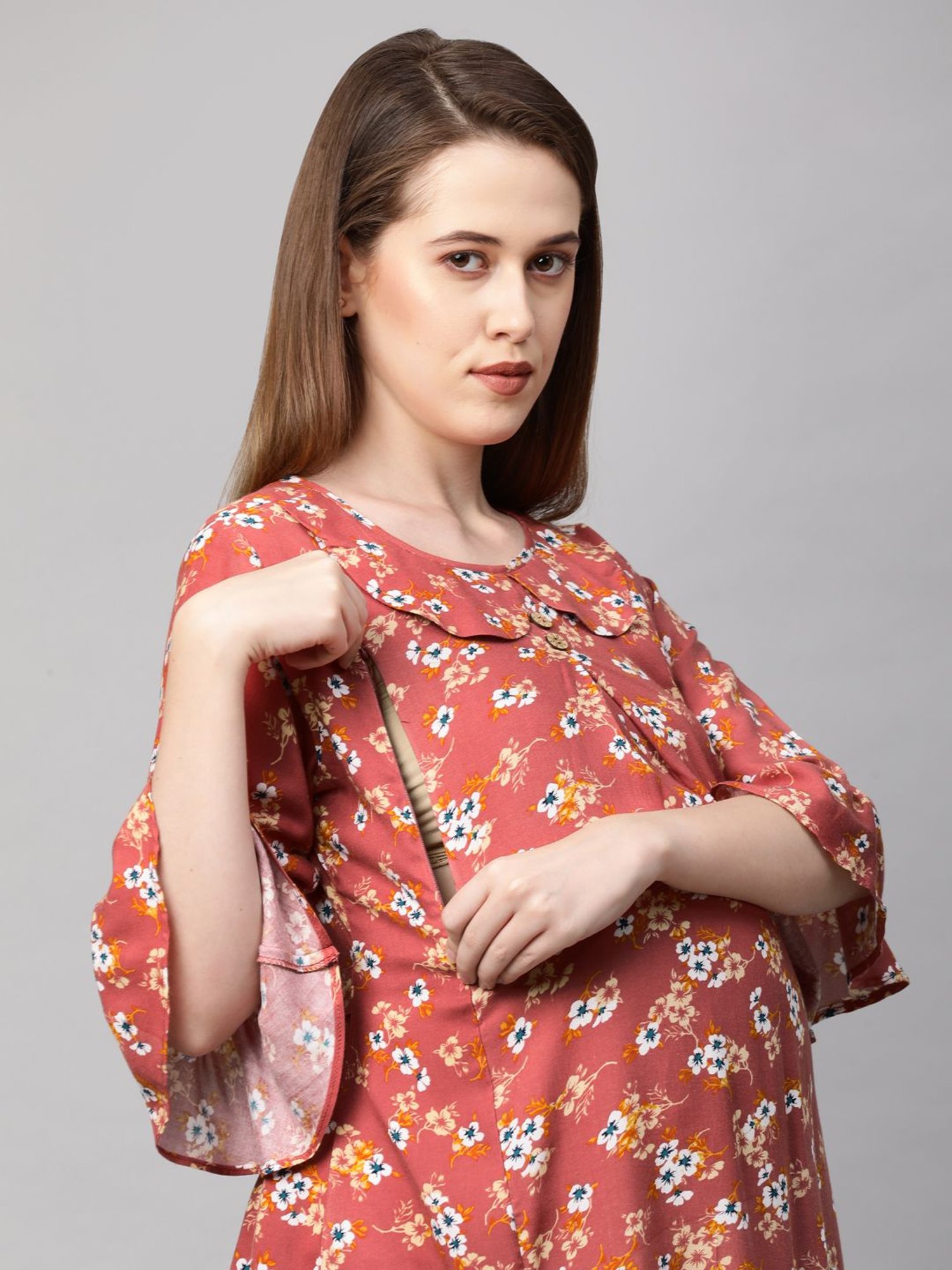 MomToBe Orange Floral Print Maternity Top