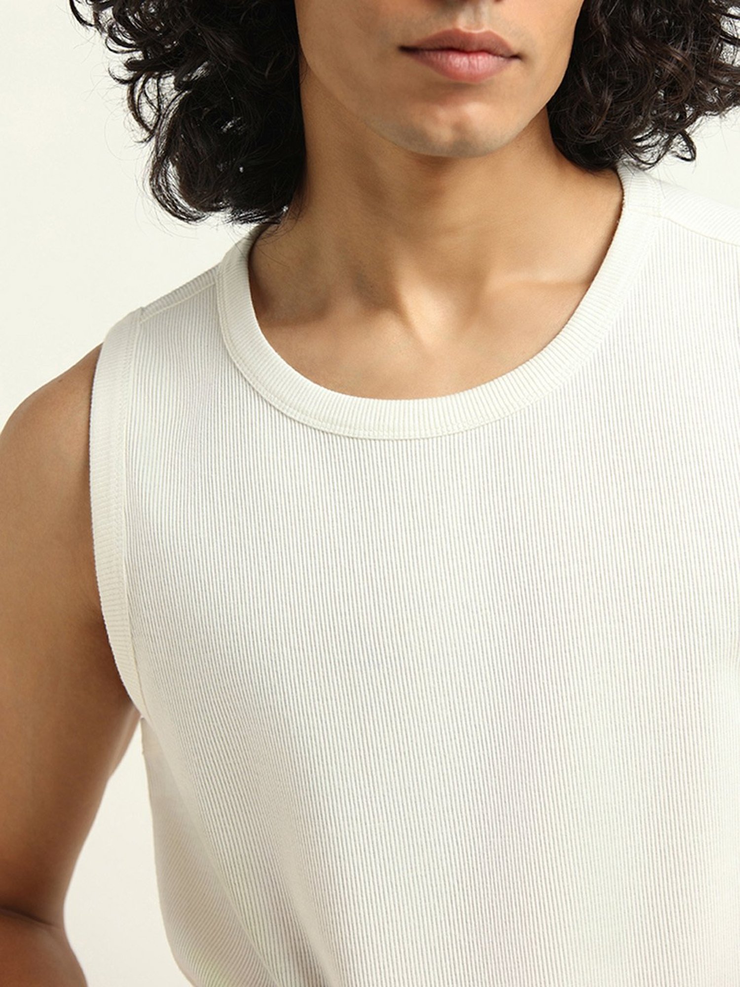 Nuon by Westside White Ribbed Slim Fit T-Shirt