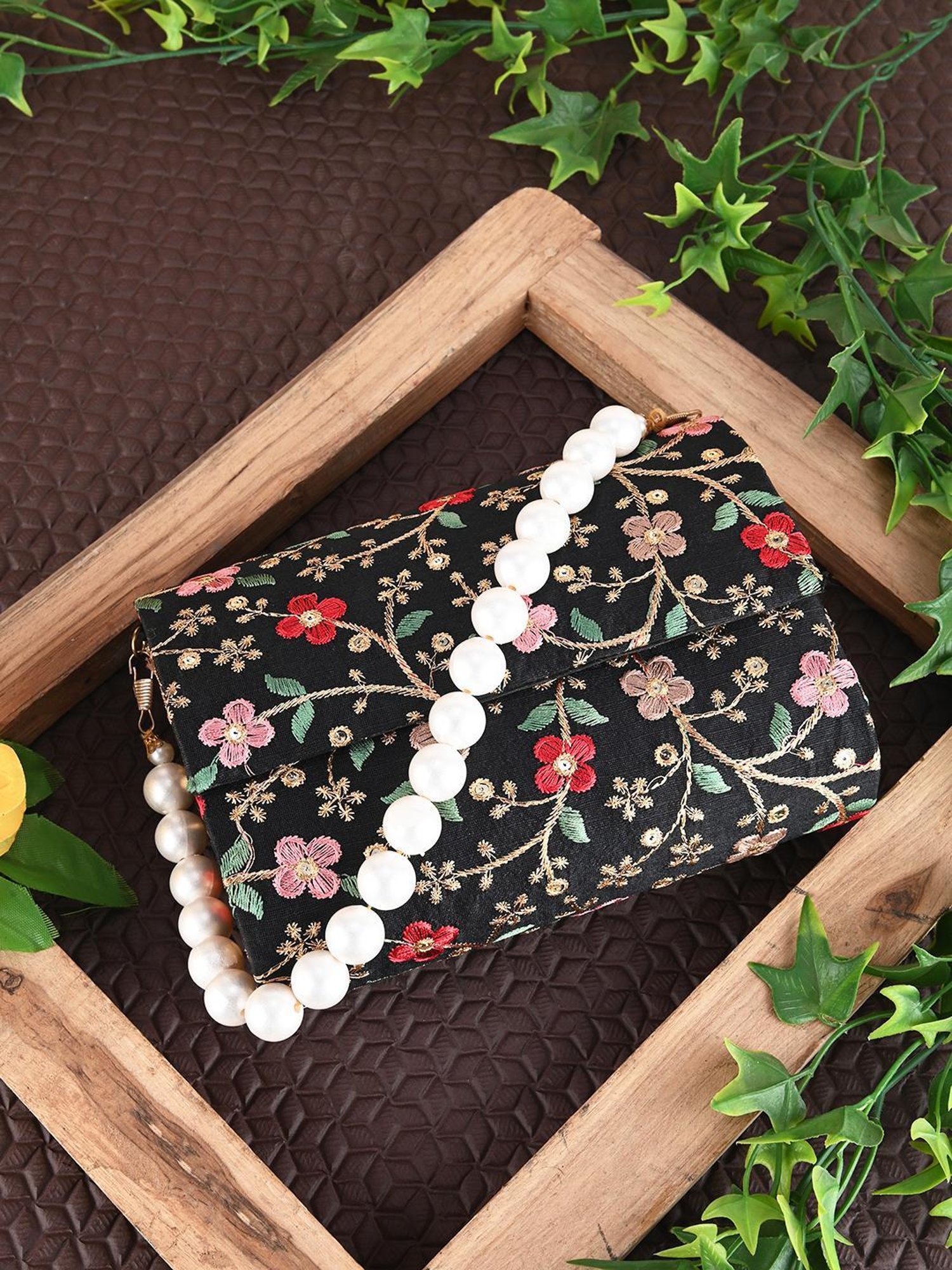 Gaurapakhi Black Embroidered Envelope Clutch