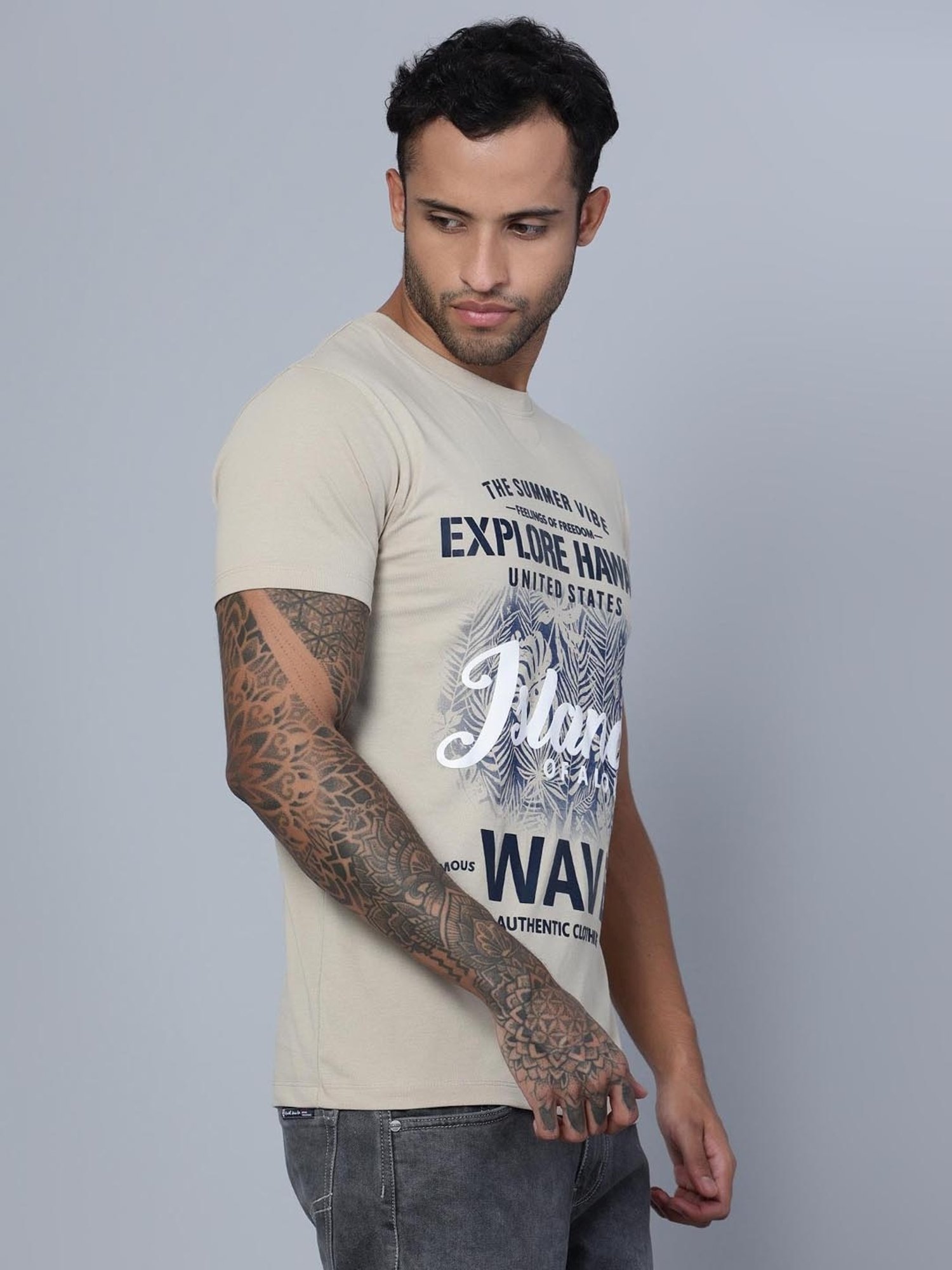Cantabil Beige Regular Fit Printed T-Shirt