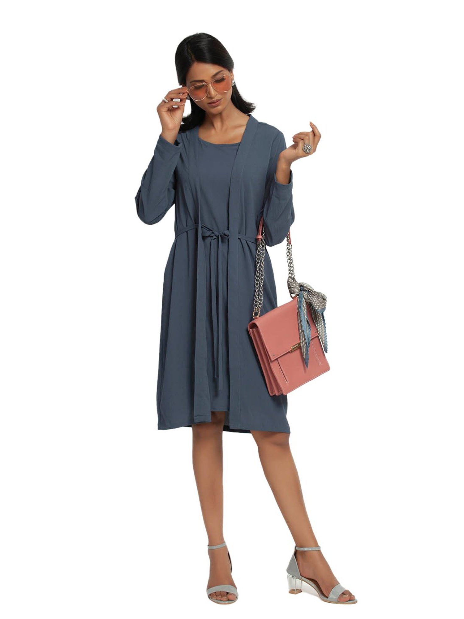 Office & You Blue Full Sleeves Jacket With Tie Knot