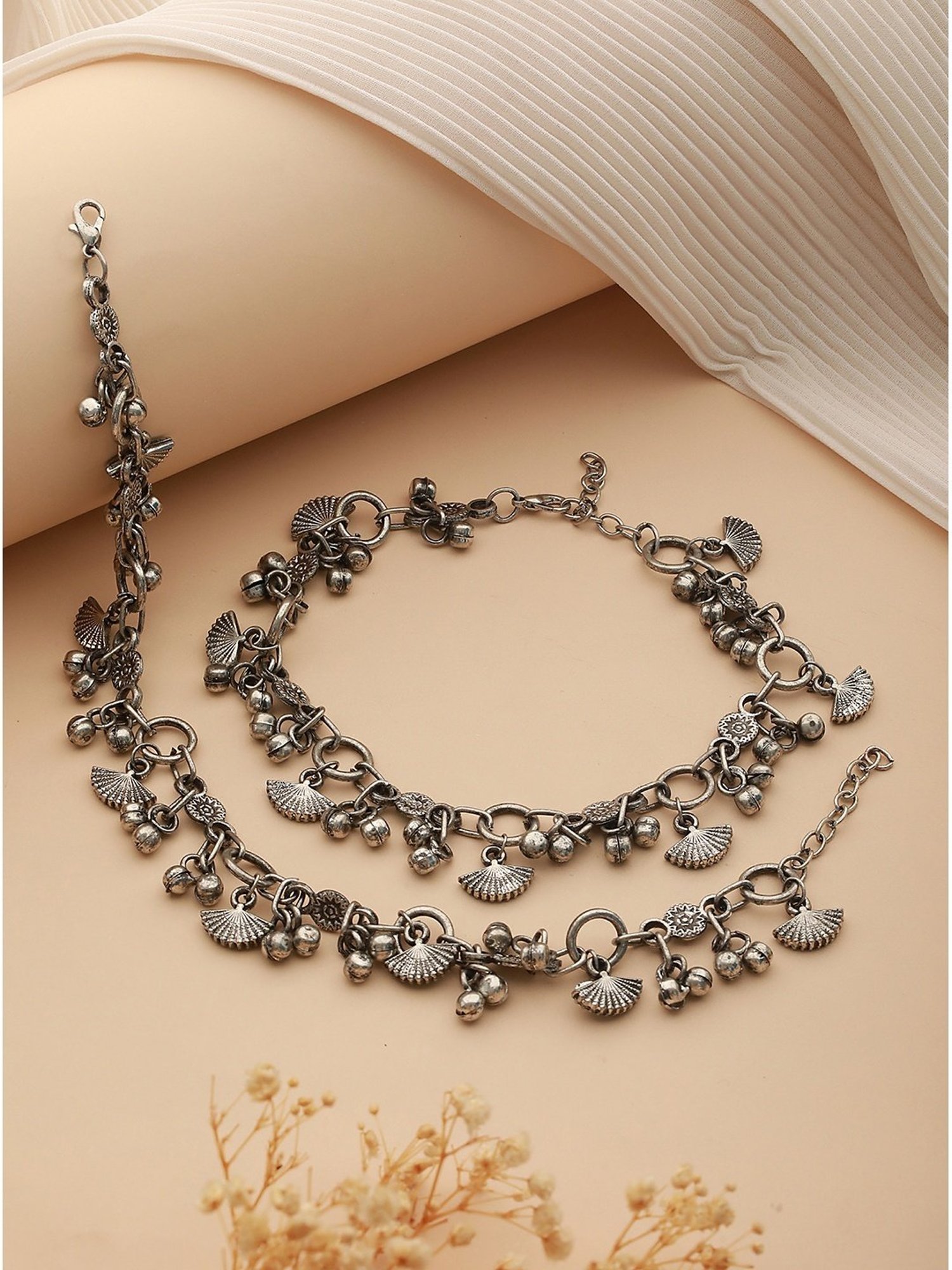 Aatmana Oxidized Silver-Plated & Charm Ghungroo Anklets - Set of 2