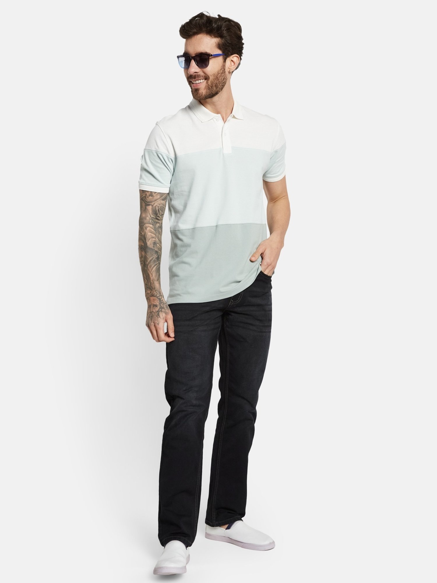 Octave Dusty Mint Cotton Regular Fit Colour Block Polo T-Shirt