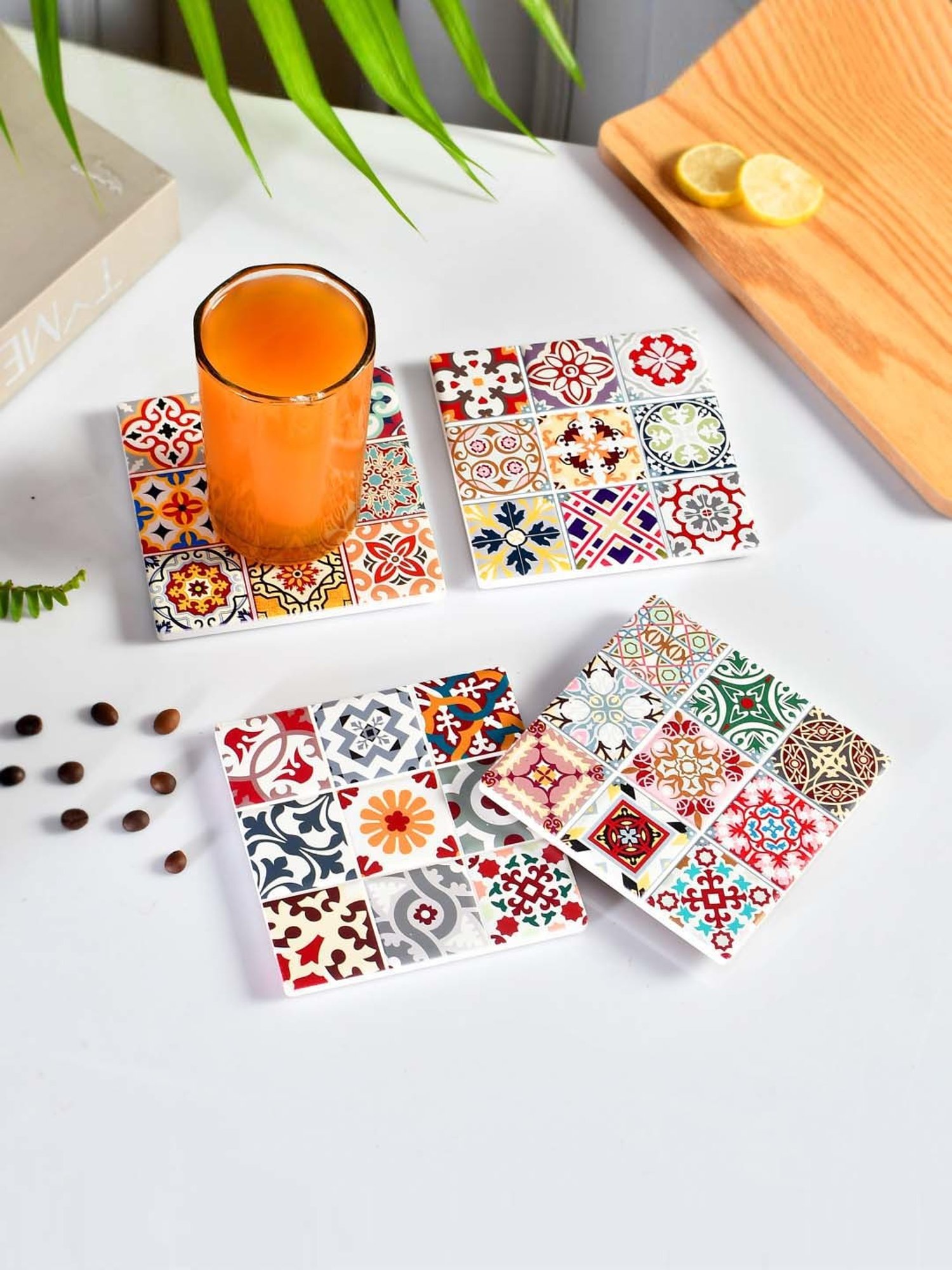 TAYHAA Multicolor Ceramic Stylish Square Coaster - Set of 4