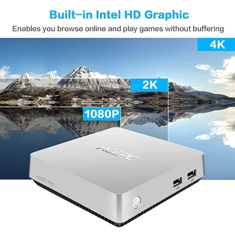 PC,T11 Windows 10 Pro(64-bit) Intel x5-Z8350 Fanless Computer with HDMI/VGA Port,4K HD,4GB/64GB eMMC,2.4/5G WiFi,Gigabit Ethernet,Support 2.5-Inch SATA SSD/HDD,Auto Power On