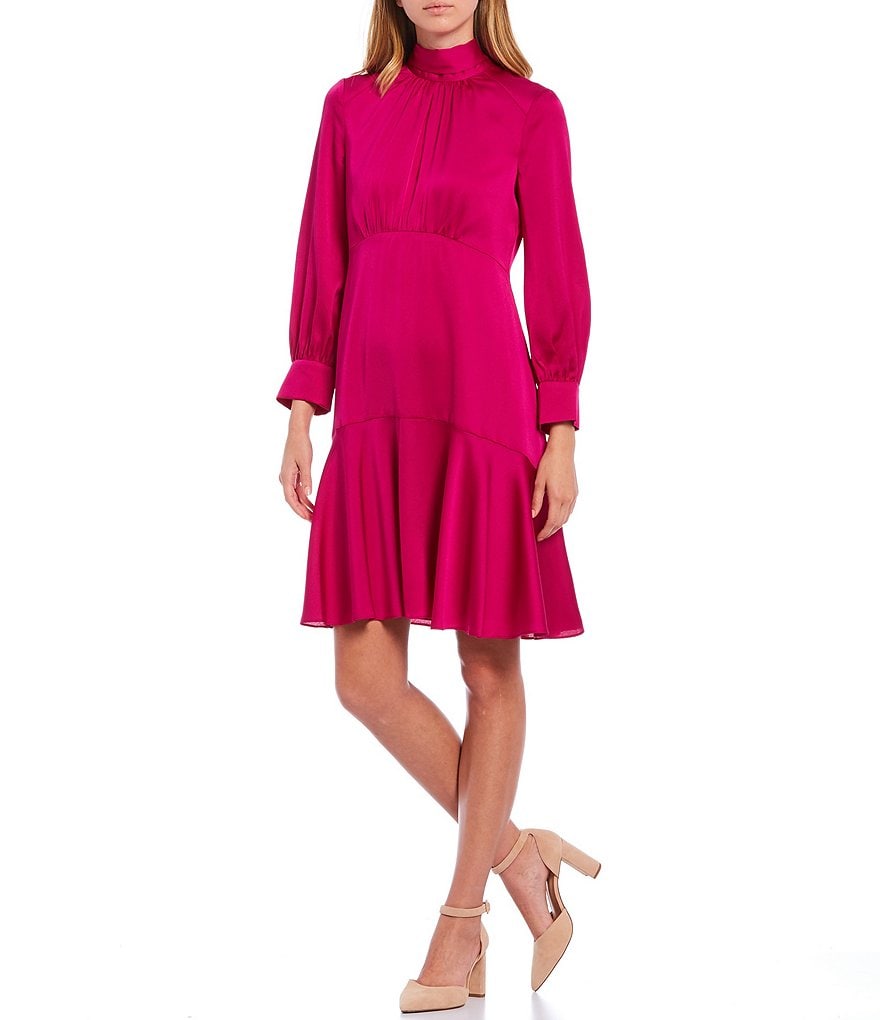 Eliza J Mock Neck Long Sleeve Hammered Satin Flounce Hem Dress