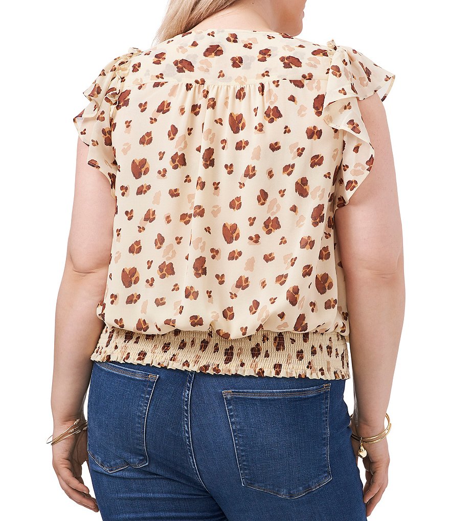 1. STATE Plus Size Floating Leopard V-Neck Flutter Short Sleeve Smocked Waist Coordinating Blouse
