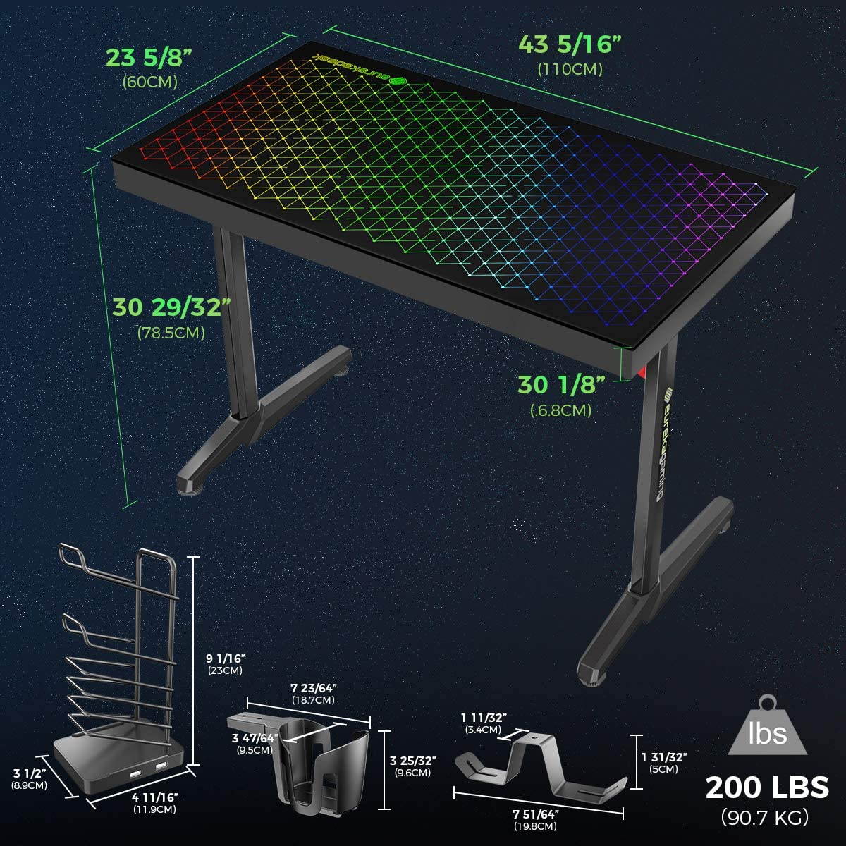 Eureka Ergonomic&reg; Gaming Desk RGB 43" Tempered Glass Desktop Home Office Computer Desks with LED Lights & New Polygon Legs Design, General Series I43, Black