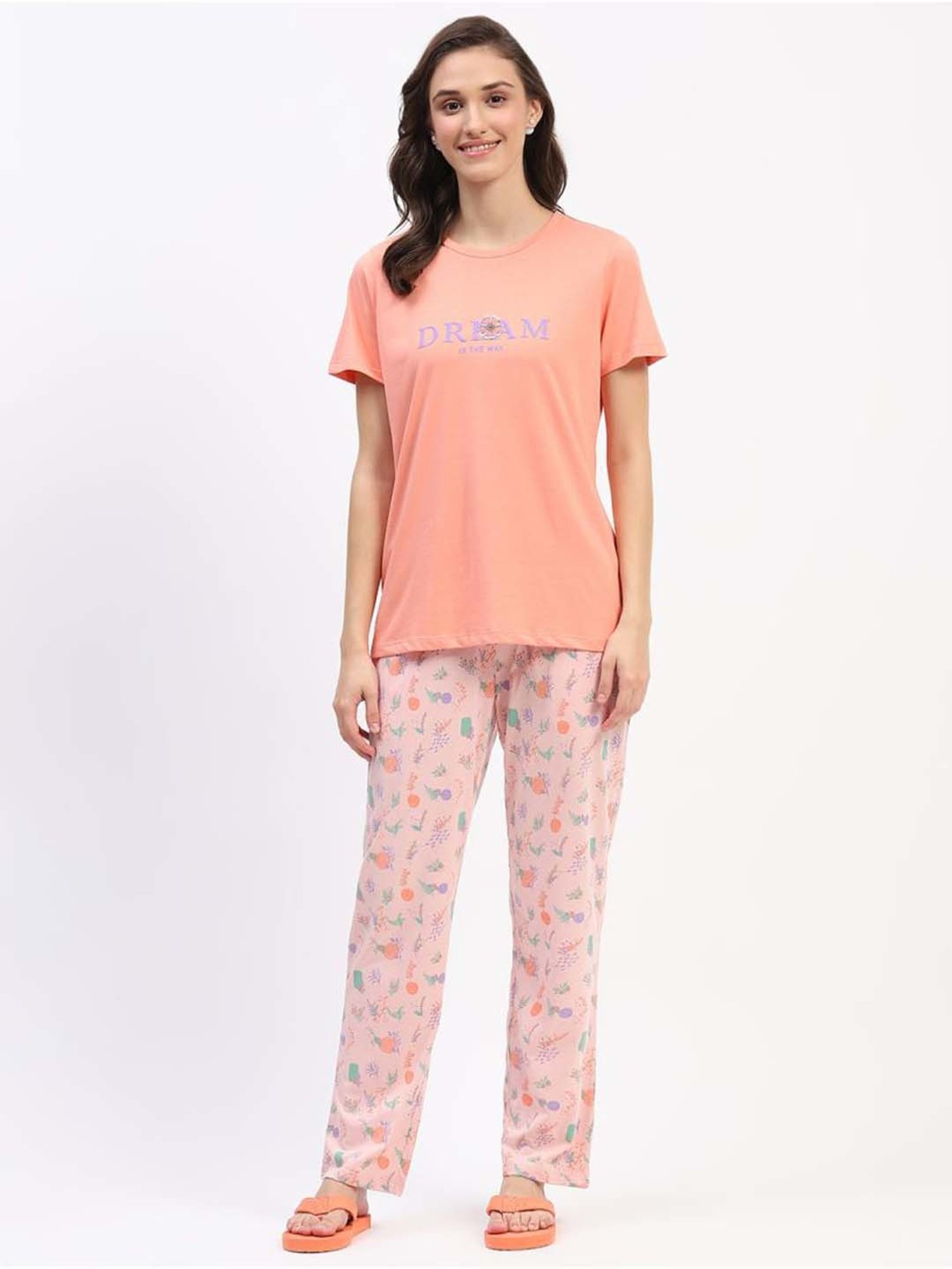 MADAME M Secret Peach Cotton Printed T-Shirt Pyjamas Set