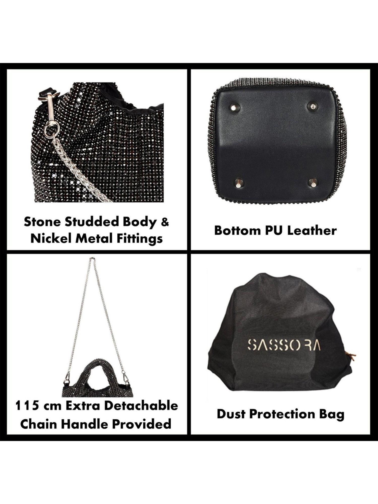 SASSORA RIM Black Leather Embellished Medium Handbag