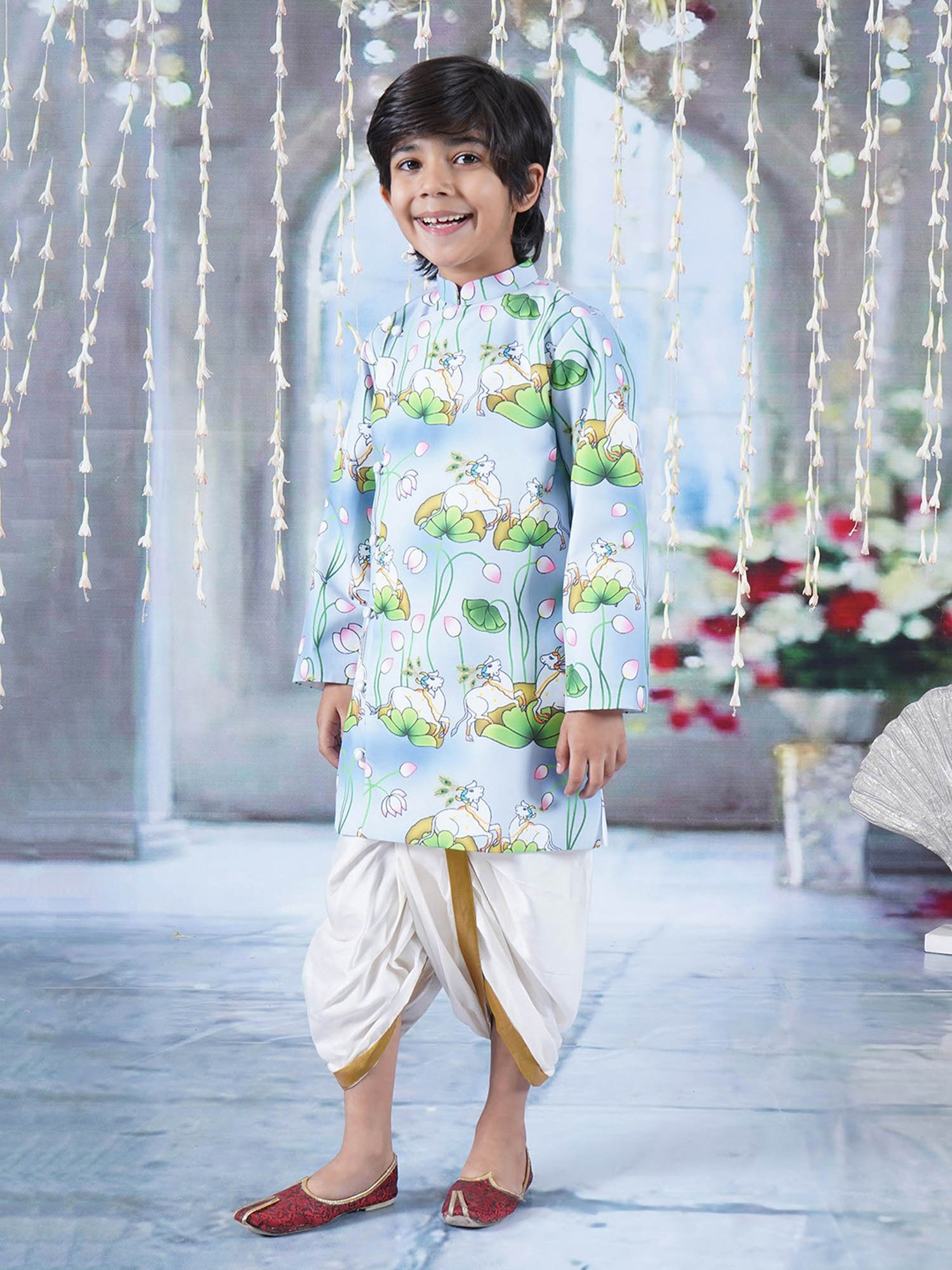 Little Bansi Kids Blue & White Printed Full Sleeves Sherwani with Dhoti