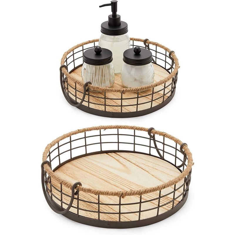 Juvale 2 Pack Round Wooden Wire Basket Trays with Handles, Farmhouse Decor (2 Sizes)