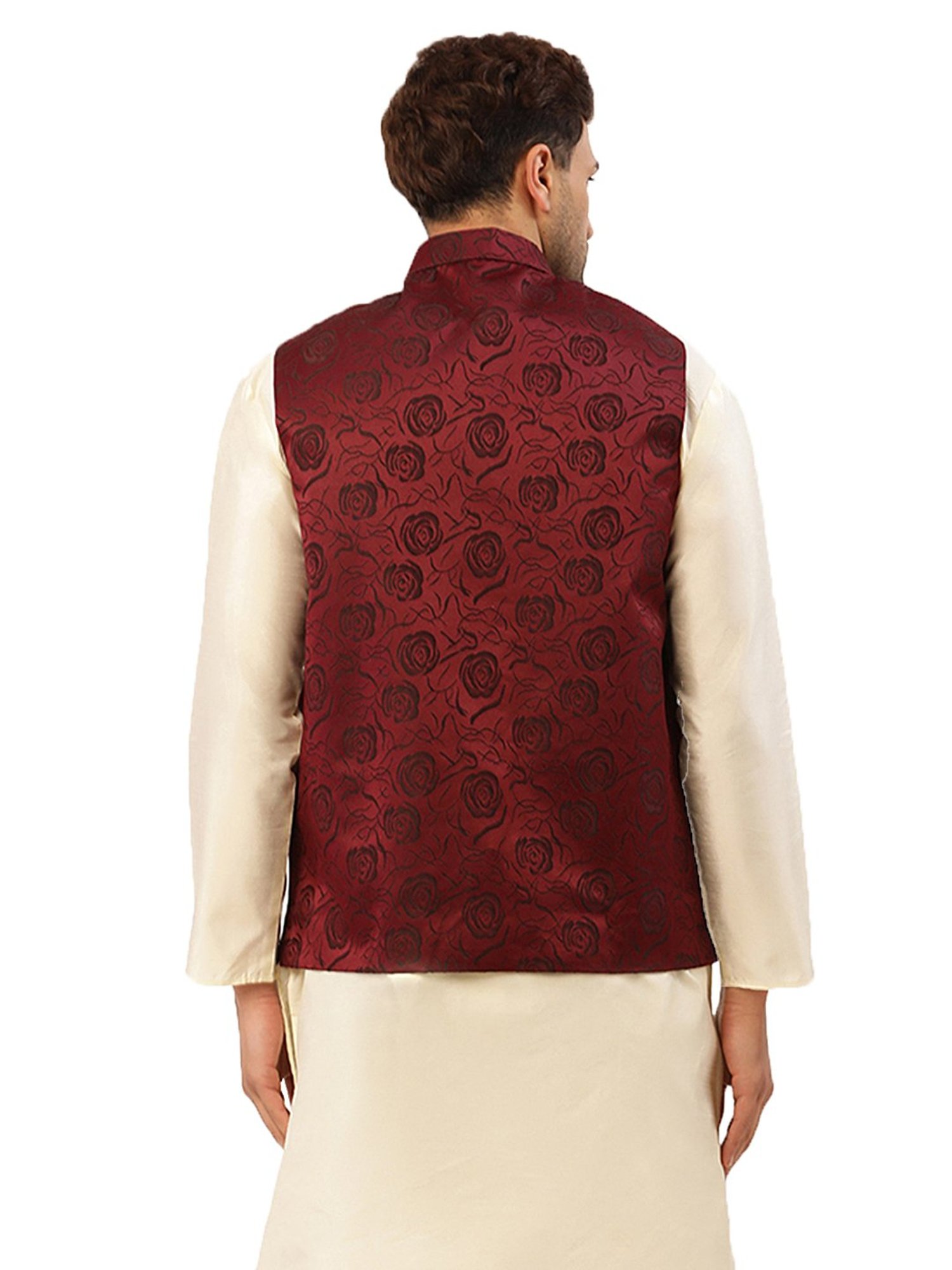 Jompers Maroon Cotton Regular Fit Floral Print Nehru Jackets