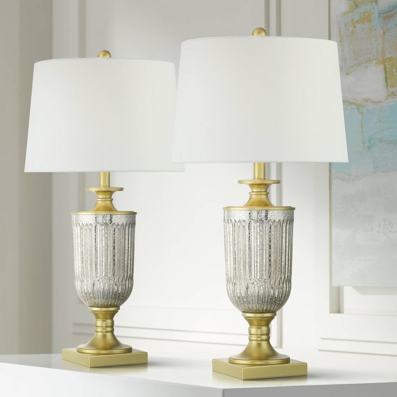 Regency Hill Mid Traditional Glam Style Table Lamps Set of 2 Pedestal Gold Ribbed Glass White Drum Shade Living Room Bedroom House