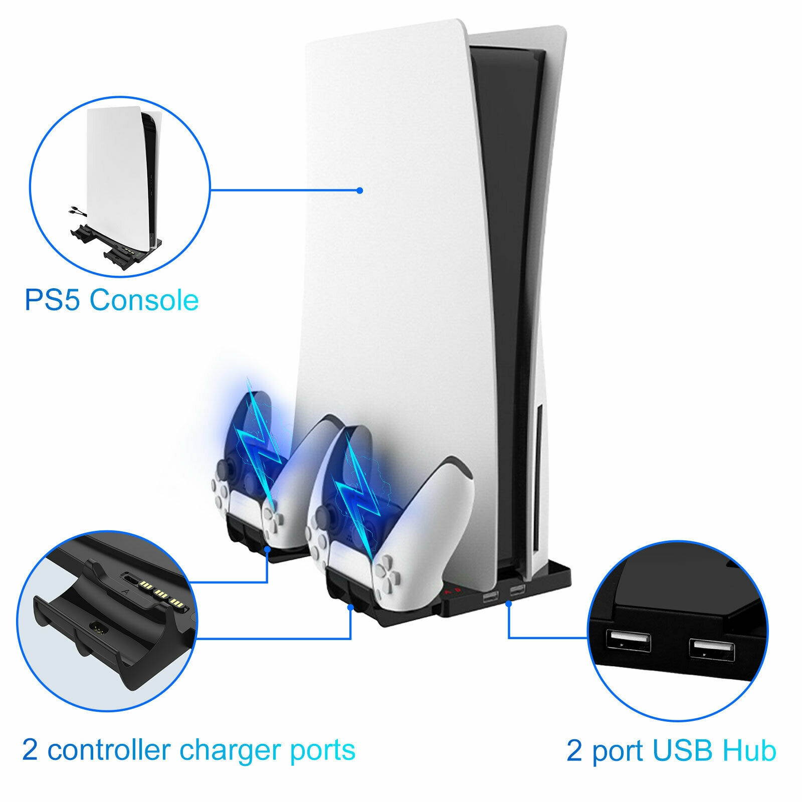 For PS5 UHD/DE Console Vertical Stand Controller Charging Dock Ston 2 USB Hub