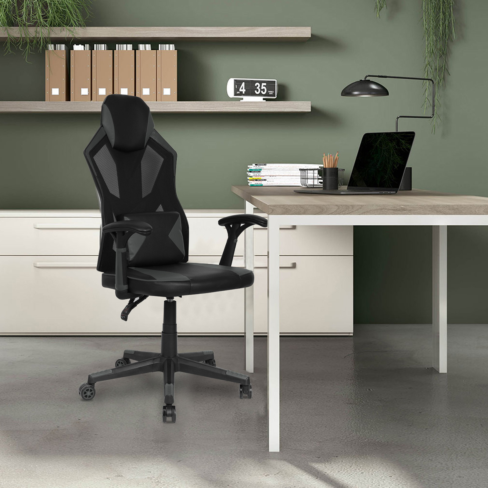 YOUTHUP Office Chair Functional Ergonomic Leather Gaming Chair Swivel Rolling Computer Desk Chair with Lumbar Support,Black and Grey