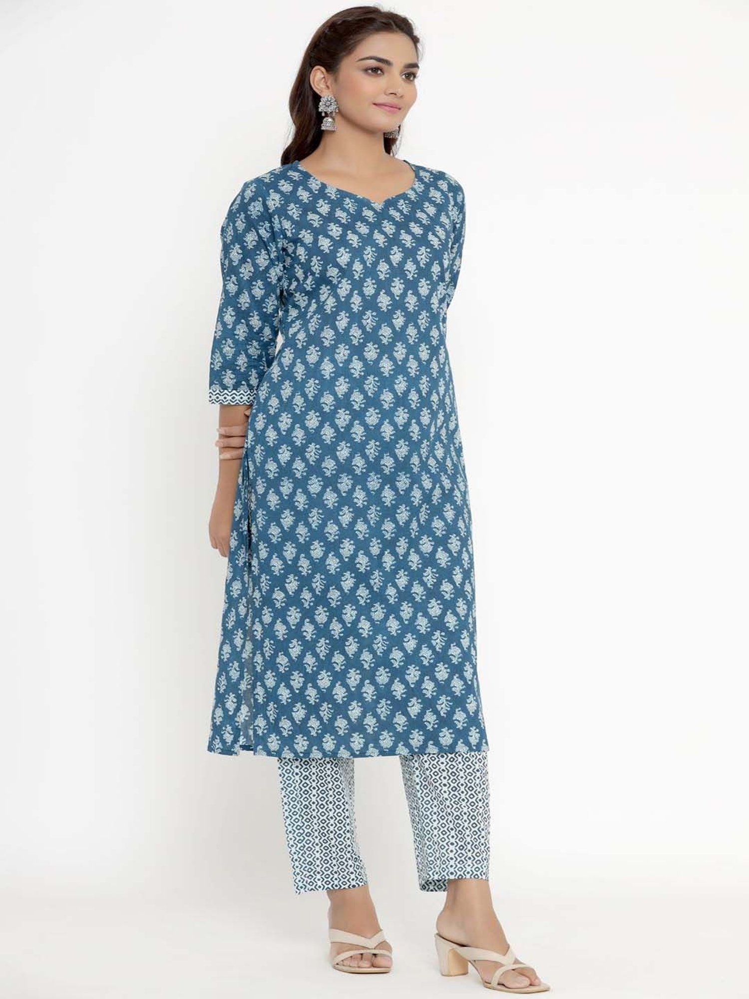 Miravan Blue Cotton Printed Kurta Pant Set