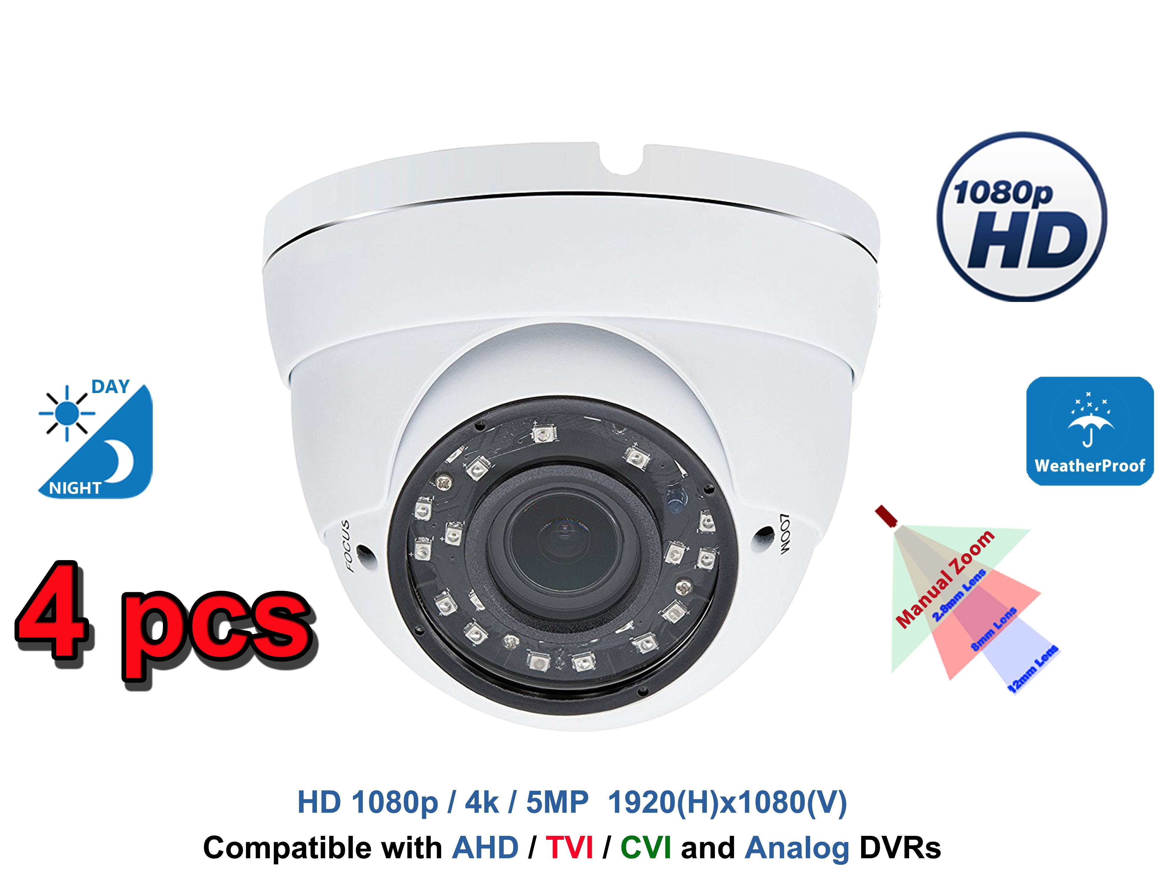 Evertech 4 Pcs. high Definition HD 1080p Night Vision Manual Zoom Outdoor Indoor Security Dome Camera