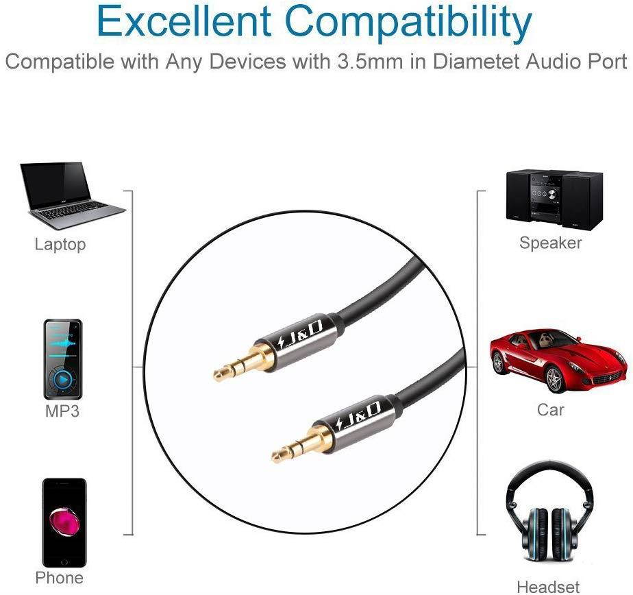 [2-Pack] J&D 3.5mm Male to Male Auxiliary Audio Cable, Gold Plated [Copper Shell] [Heavy Duty] 3.5mm 1/8" TRS Male to 3.5mm 1/8" TRS Male Stereo Audio Adapter Cable - 6 Feet