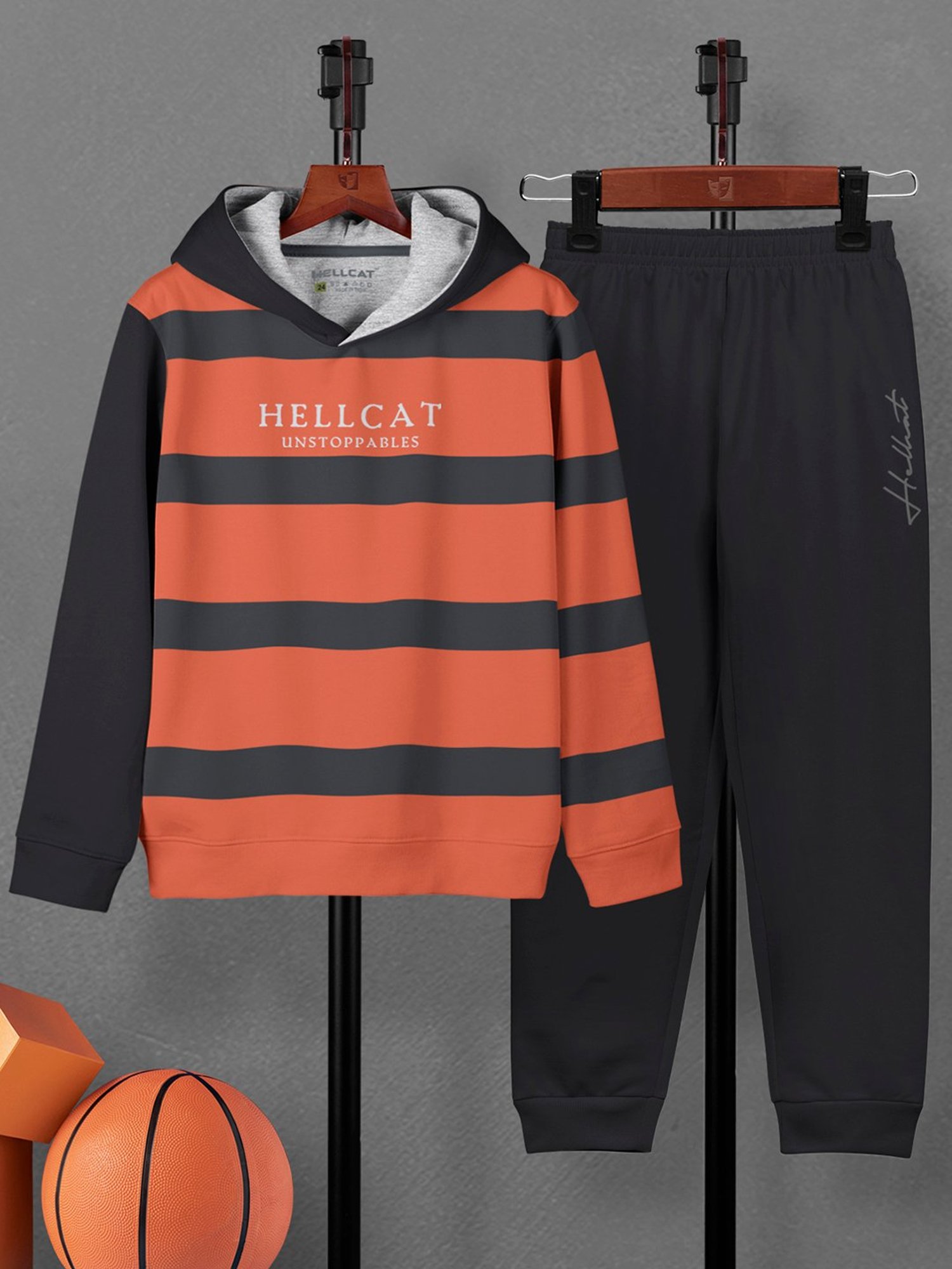 HELLCAT Kids Orange & Black Printed Full Sleeves Hoodie T-Shirt with Trackpants