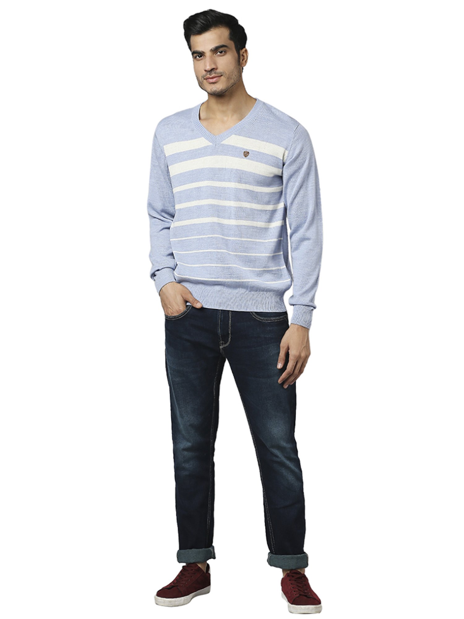 Raymond Blue  Regular Fit Striped Sweaters