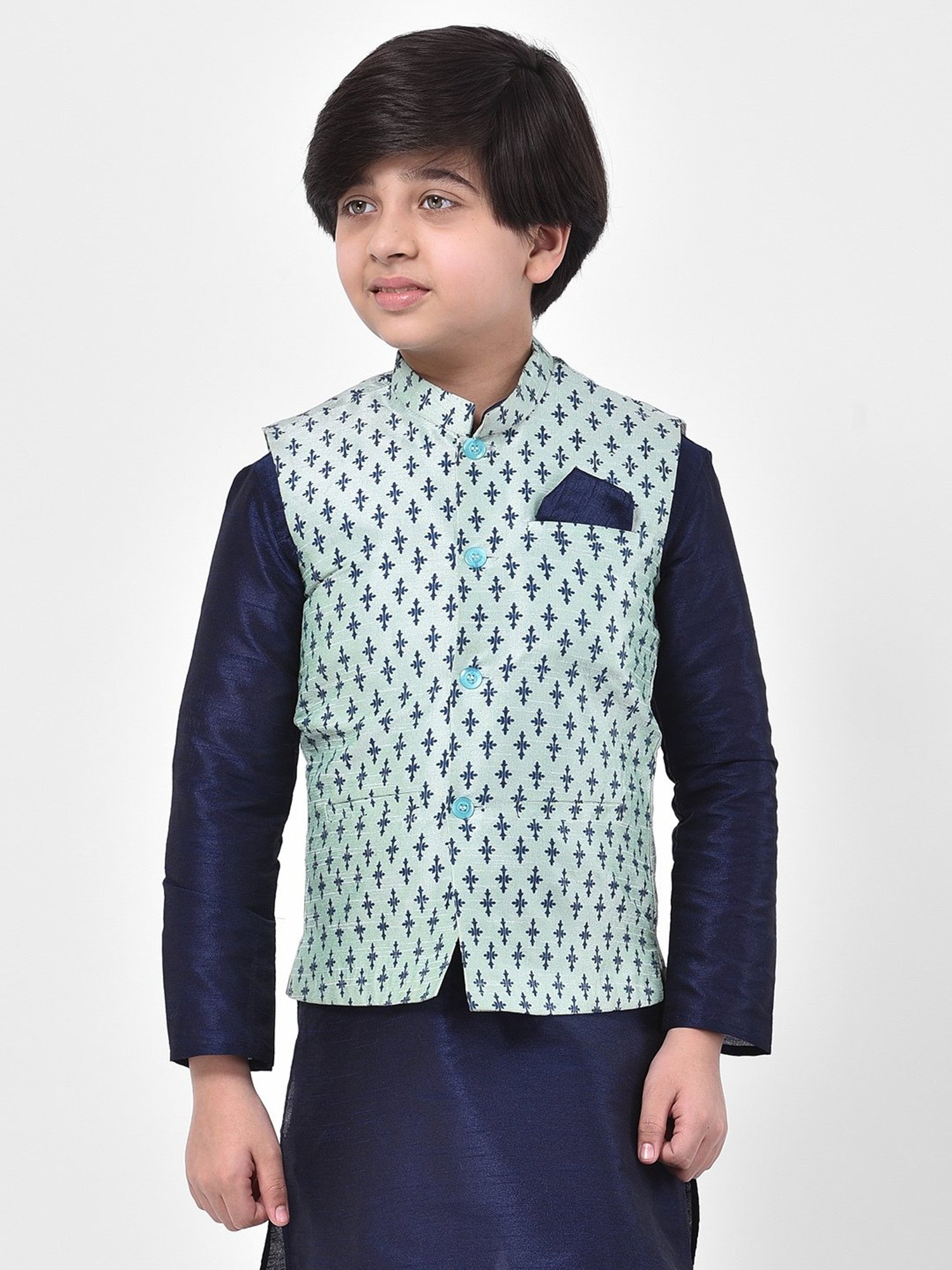 Deyann Kids Blue Printed Nehru Jacket