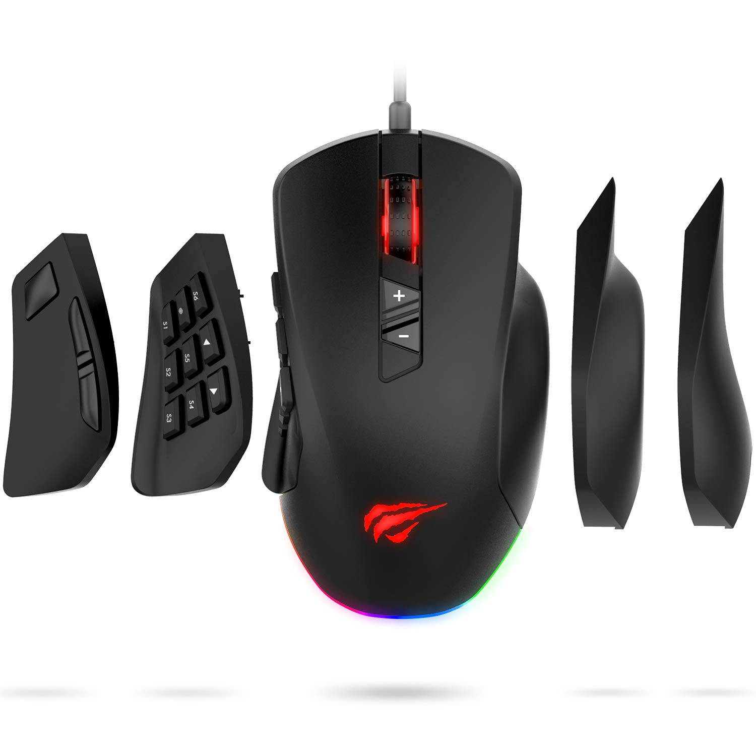 Havit Gaming Mouse 5000 DPI Computer Ergonomic Wired Mice with 14 Programmable Buttons Interchangeable Side Plates (8 Buttons/ 8+6 Side Buttons Mouses), 2 Replaceable Right Plates for Laptop PC Gamer