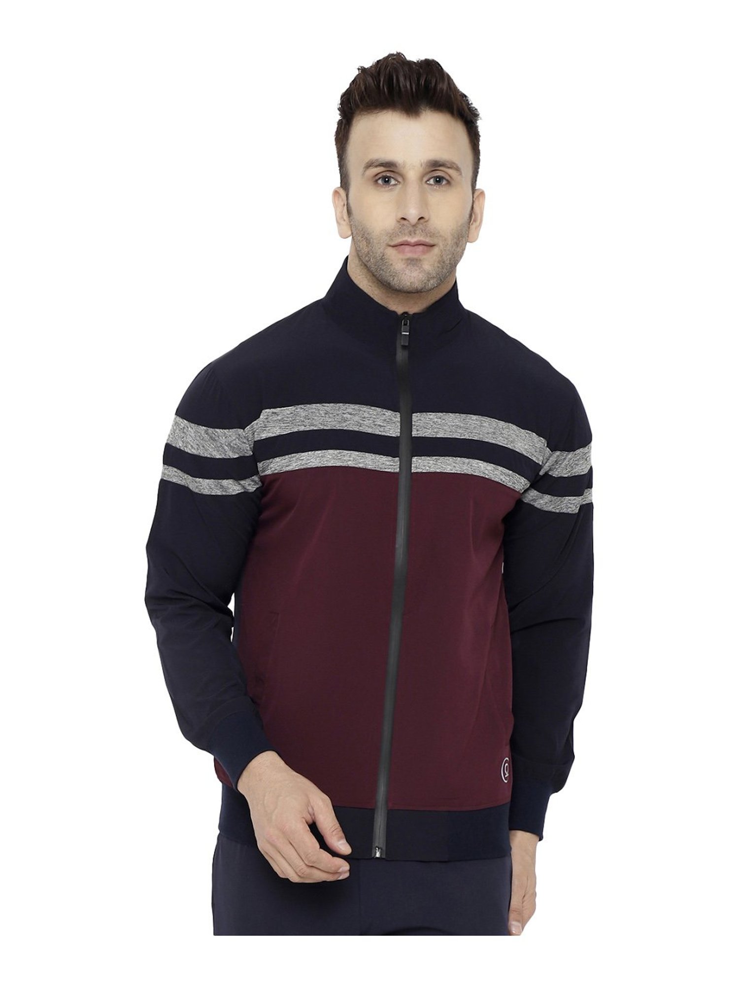 Chkokko Navy & Maroon Regular Fit Colour Block Sports Jacket