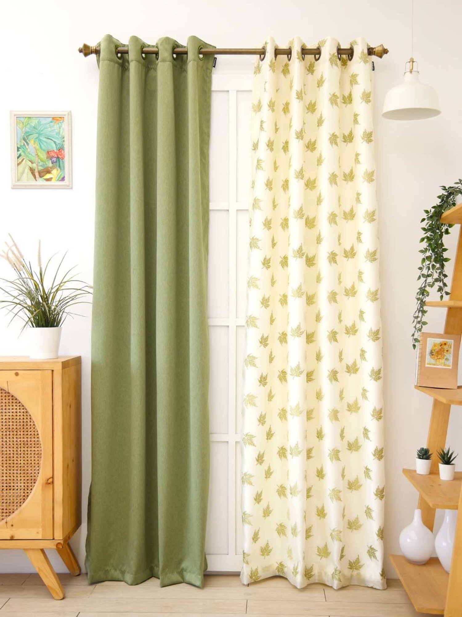 Ariana Foliage Design Olive Green & Beige Polyester 5 Ft. Window Curtain - Set of 2